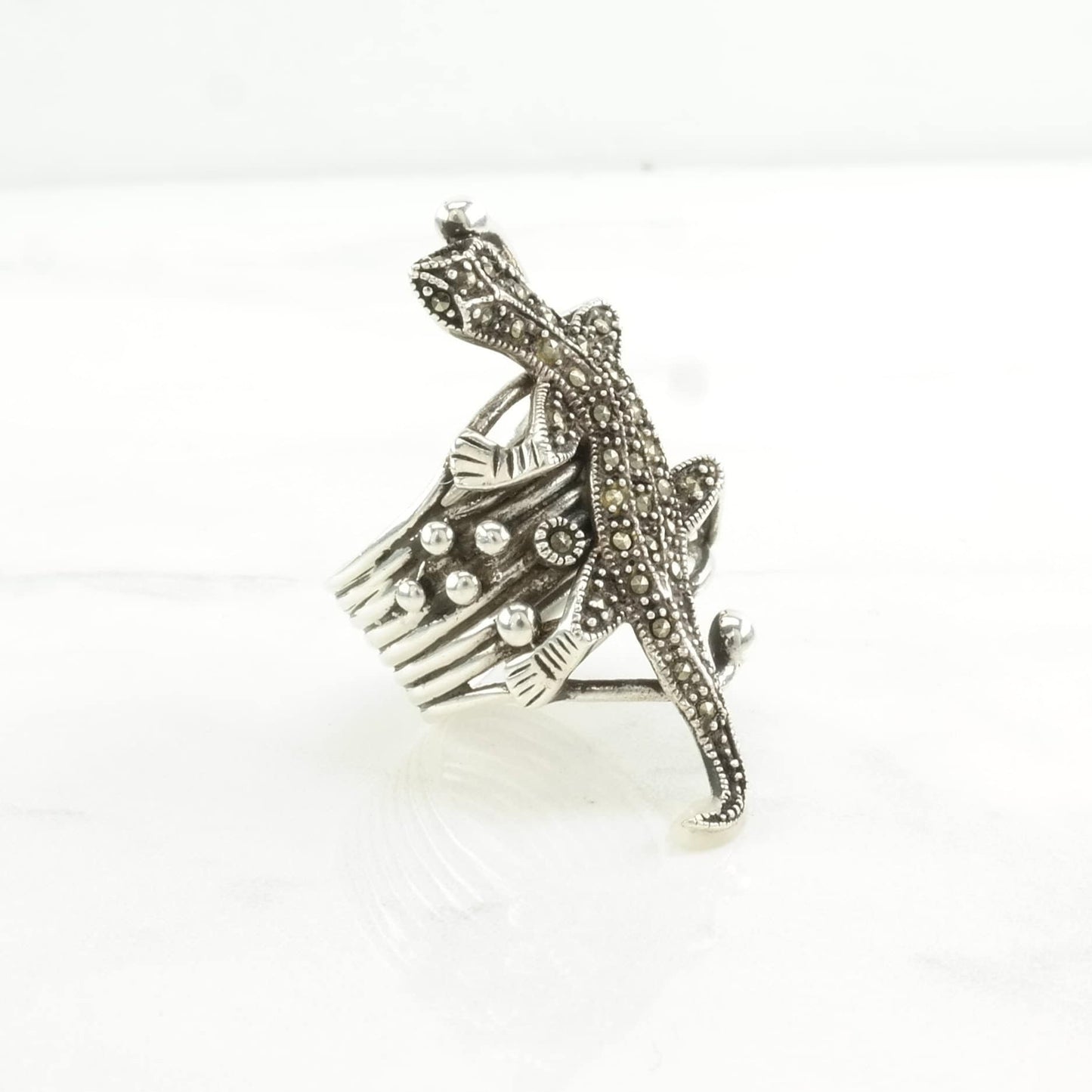 Sterling Silver Lizard Ring Marcasite , Animal Size 7 3/4