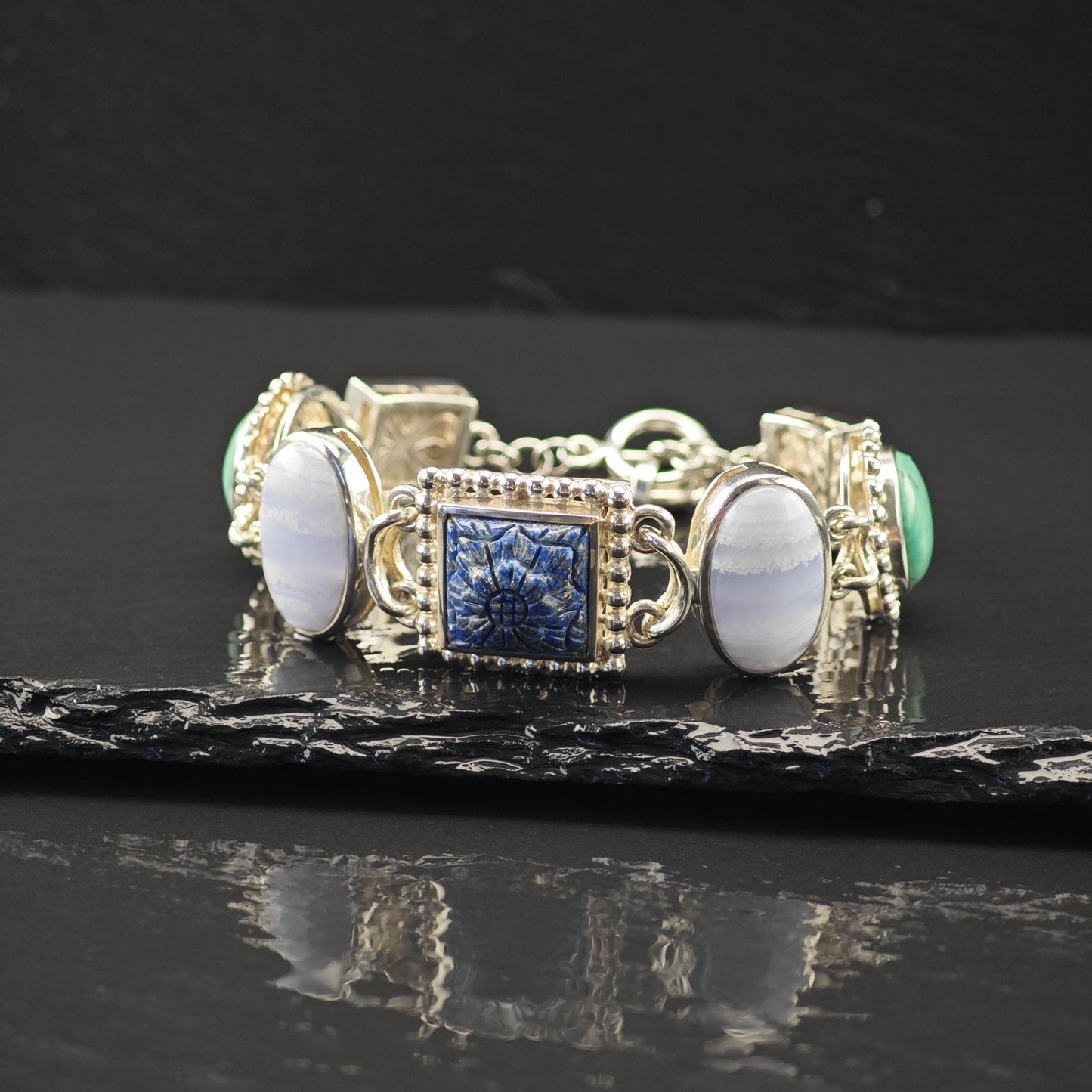 Whitney Kelly Carved Lapis Bracelet, Sterling Silver (Adjustable Size 7" and 7 1/2")