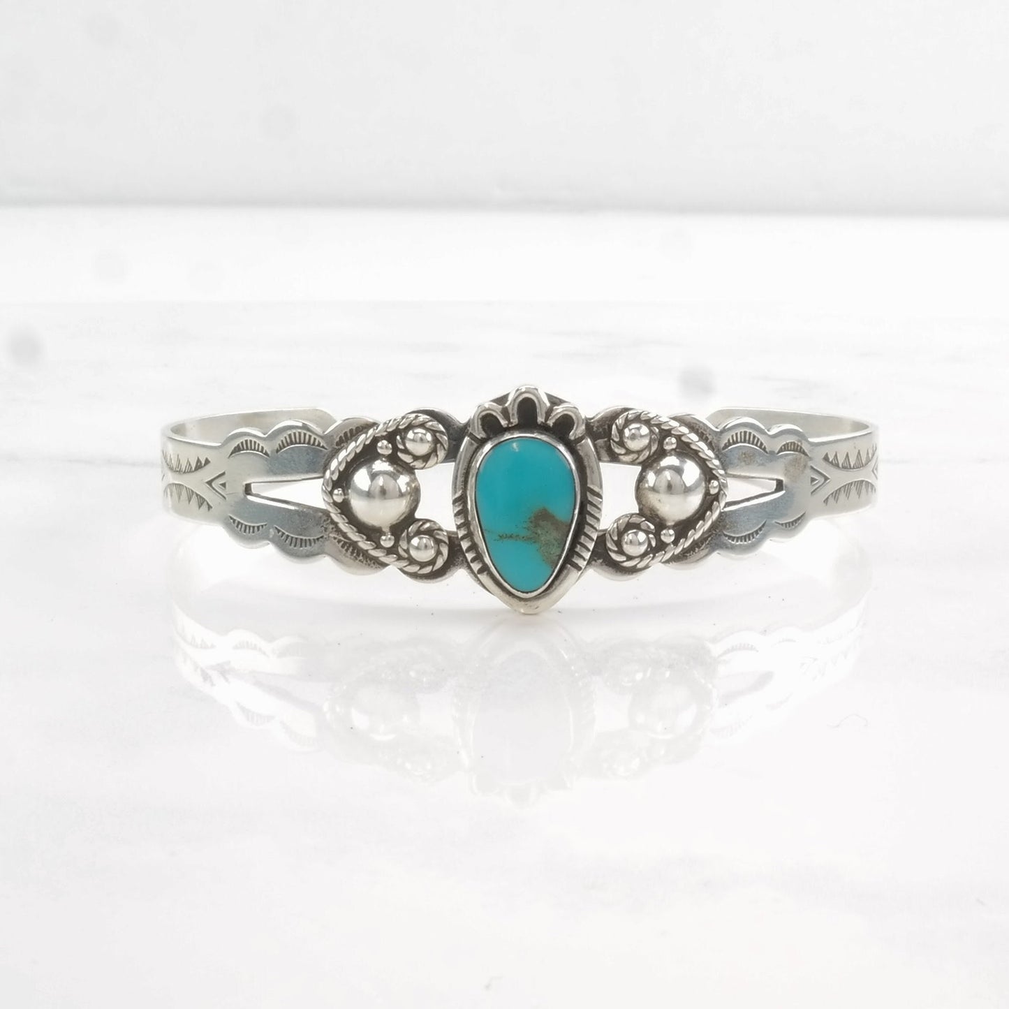 Vintage Cuff Bracelet Native American Sterling Silver Blue Turquoise Floral