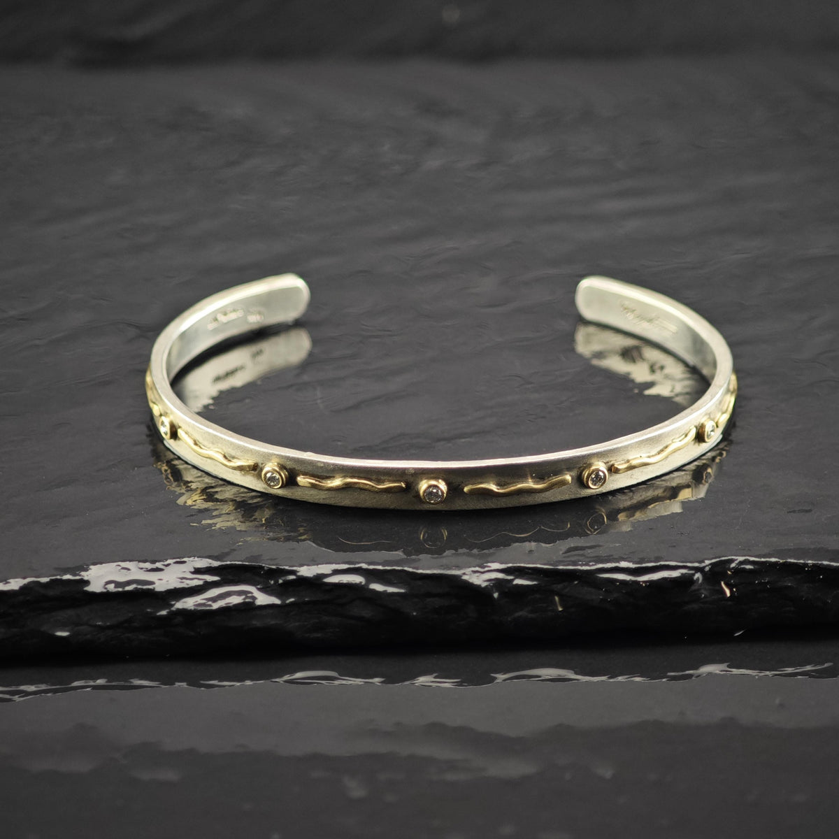 Artist Signed Diamond 14K Gold Accent, Thin Sterling Silver Cuff Bracelet Sz 6 1/4" BR3174