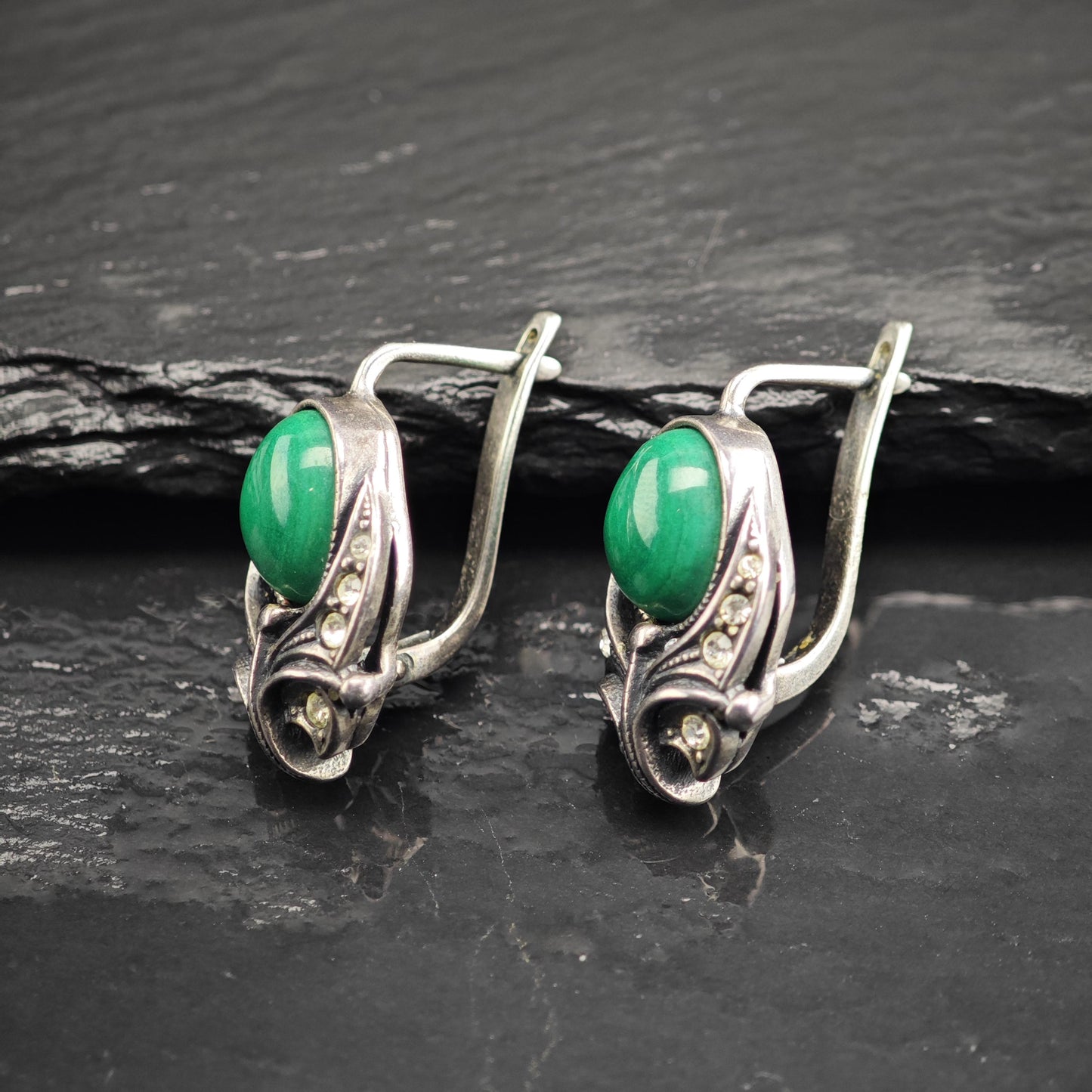 European, Art Deco St Green Malachite Rhinestone Sterling Silver Latch Earrings ER3118