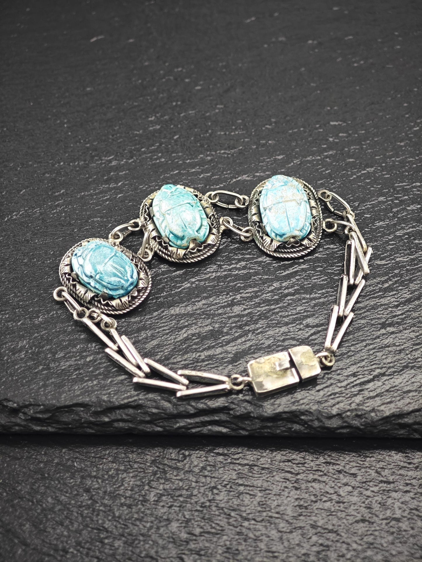 Archeological Egyptian Revival, Scarab Bracelet Sterling Silver
