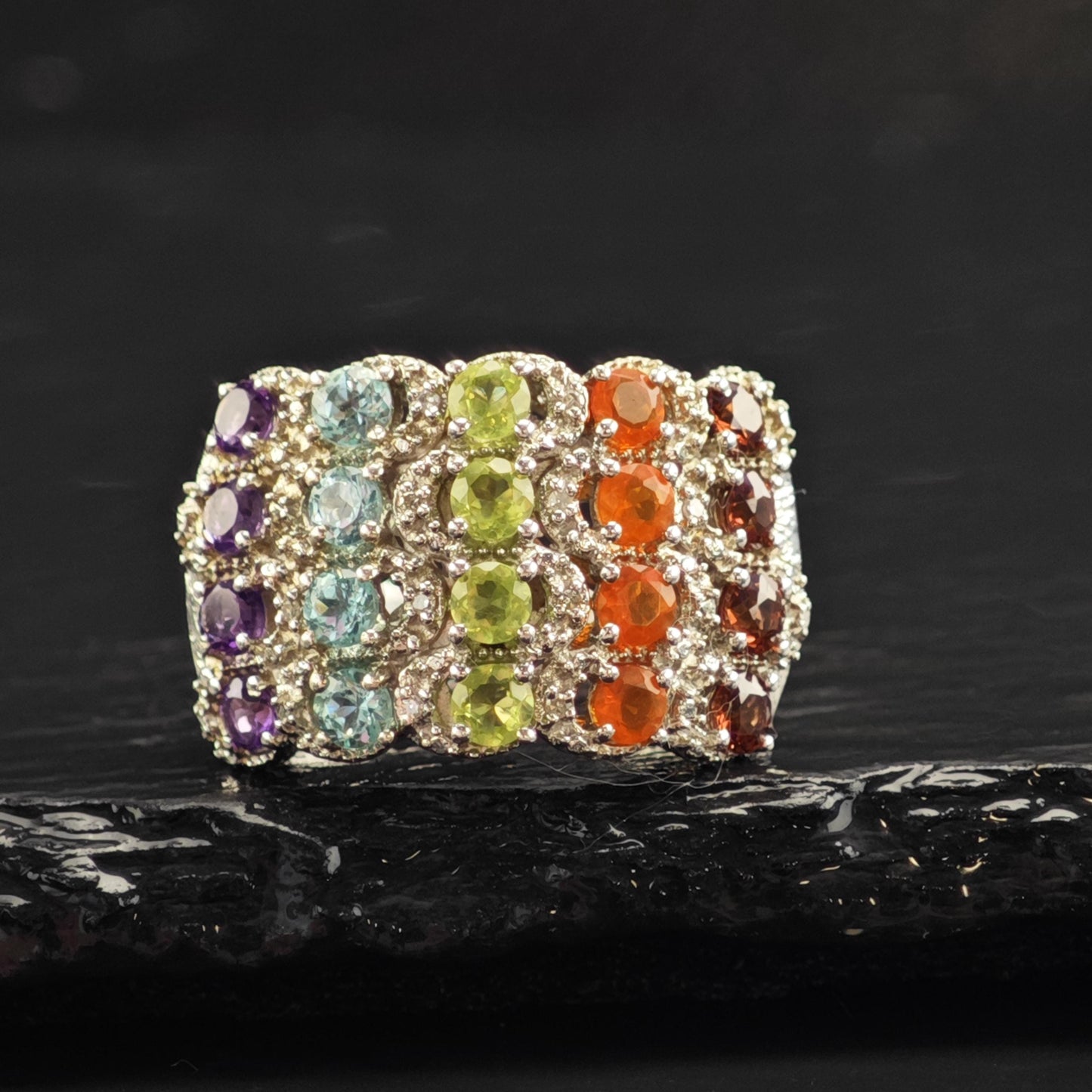 Rainbow Multistone Diamond Sterling Silver Ring Sz 8 R6557