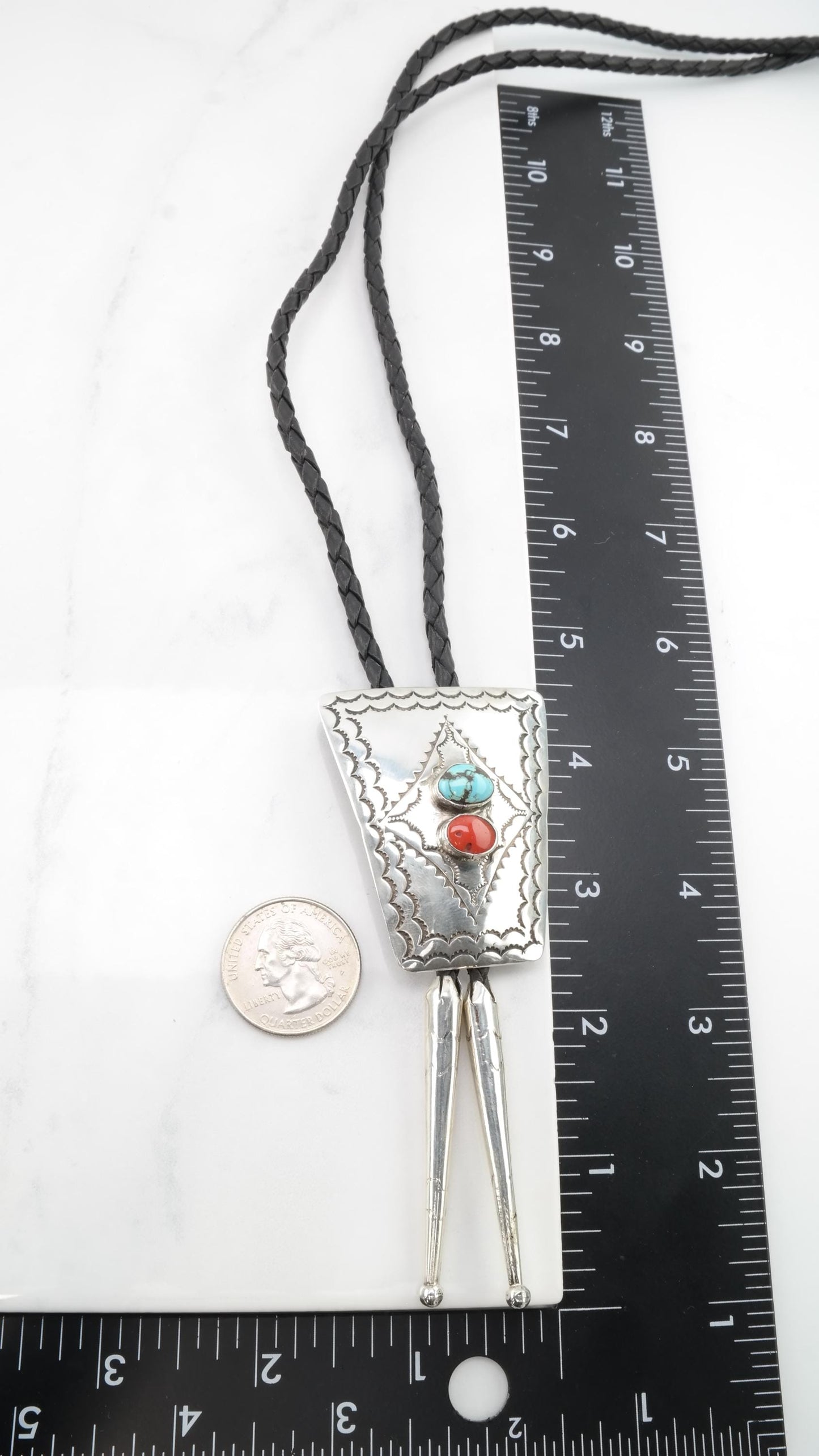 Native American Sterling Silver Blue, Red Turquoise Coral Bolo Tie Necklace