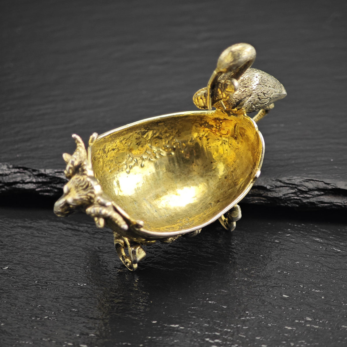 European Gold Gilded Stork/Baby with Ramhead Crib Sterling Silver Bowl Figurine MISC0395