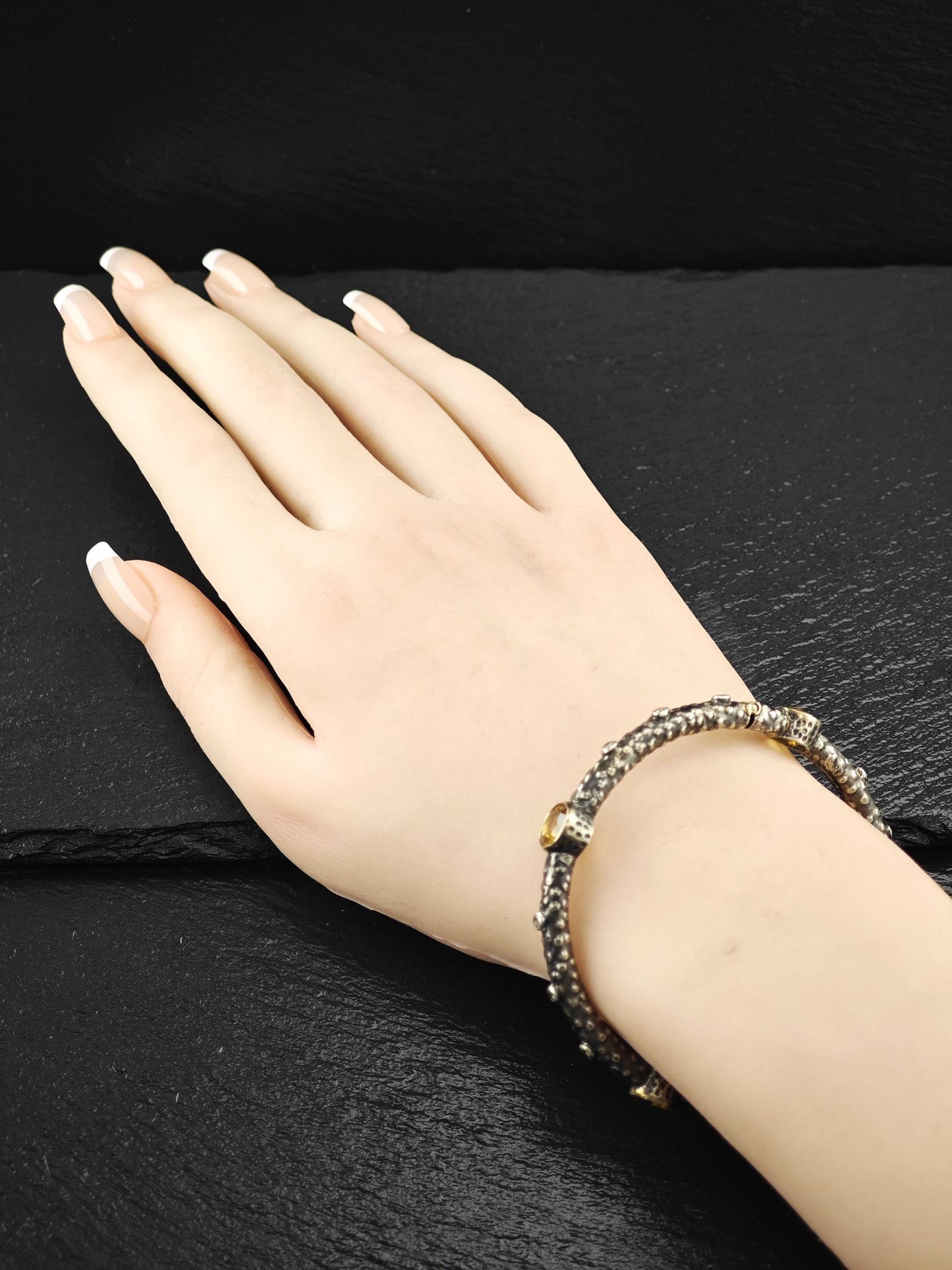 Brutalist 18K Gold Accent Citrine, Diamond Bangle Bracelet Sterling Silver