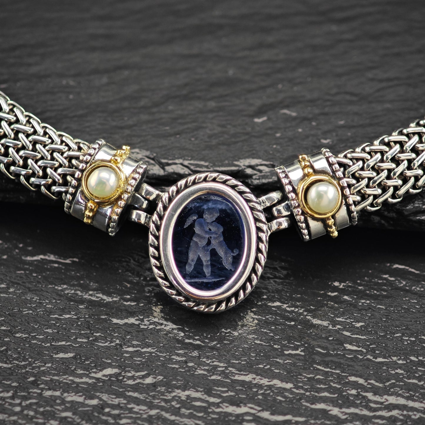 Dog Angel Necklace Blue Venetian Glass Intaglio 18K Gold Sterling Silver N2582