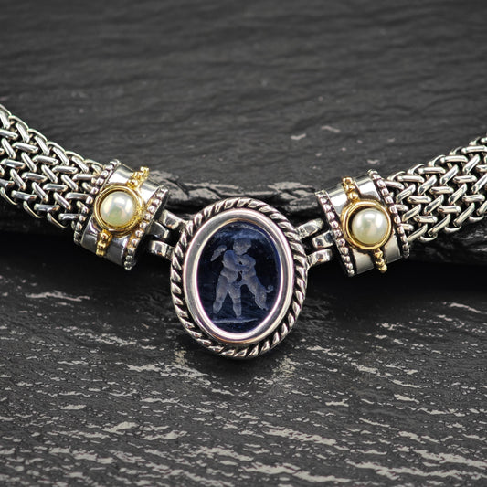 Dog Angel Necklace Blue Venetian Glass Intaglio 18K Gold Sterling Silver N2582