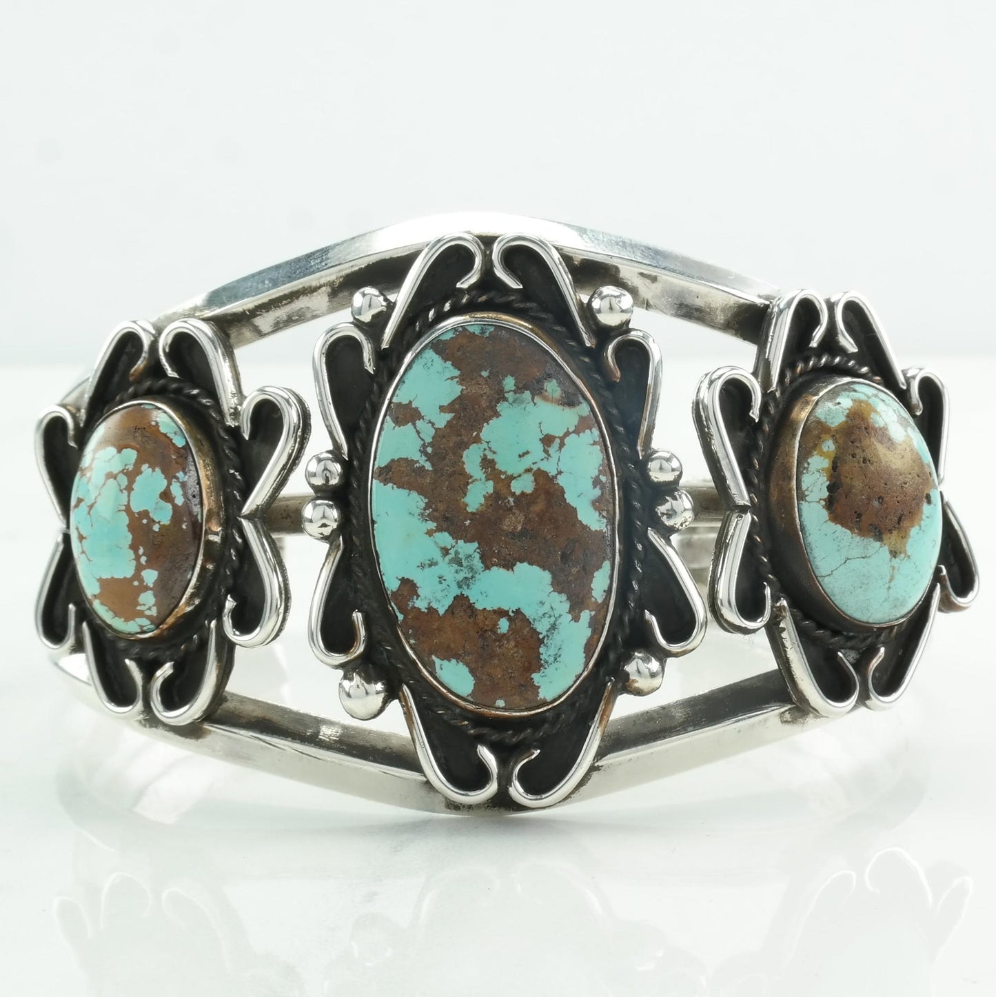 Number Eight Turquoise Native American Sterling Silver Cuff Bracelet Three Stone