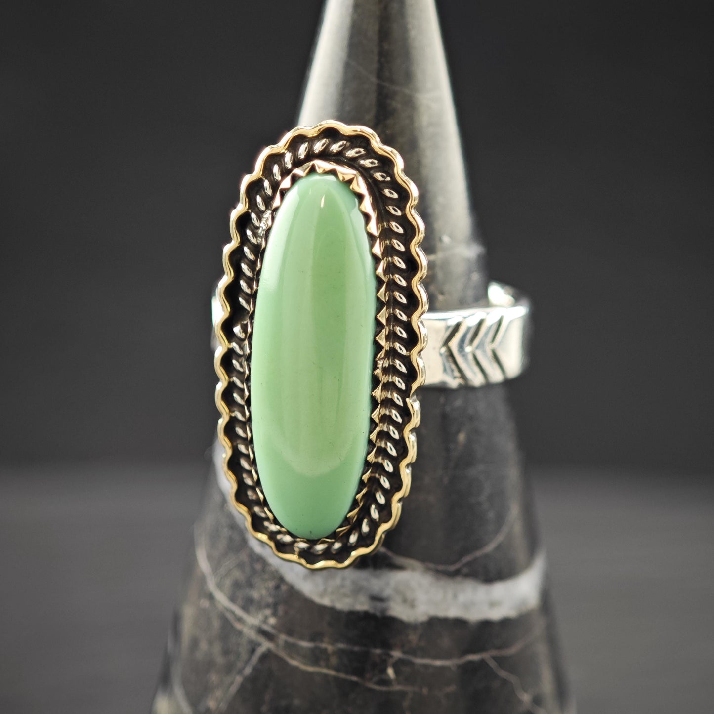 Long DTR Green Variscite Ring Sterling Silver, Brass Accent Sz 7 R5949
