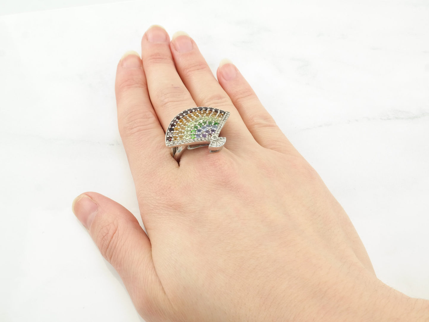 Sterling Silver Ring Multi Stone Fan Size 8