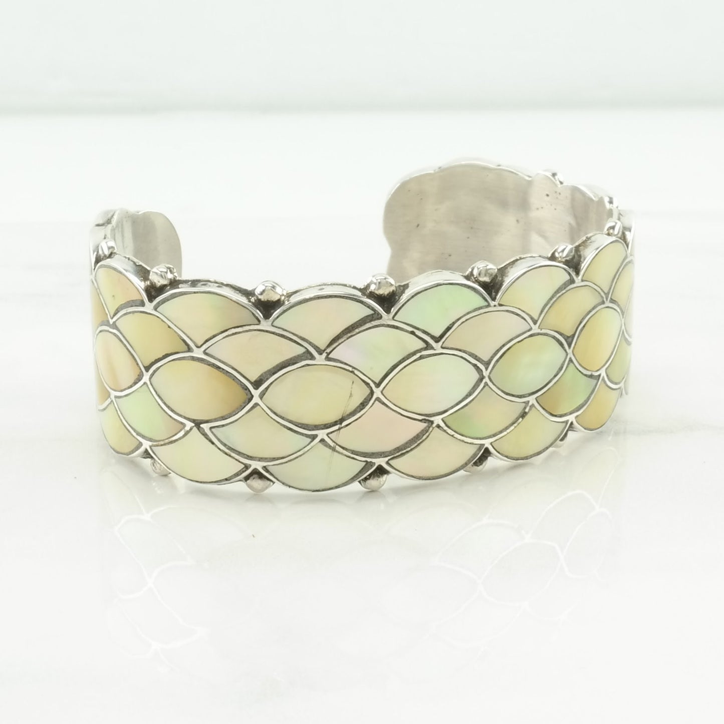 Zuni Sterling Silver Cuff Bracelet MOP Inlay, Fishscale