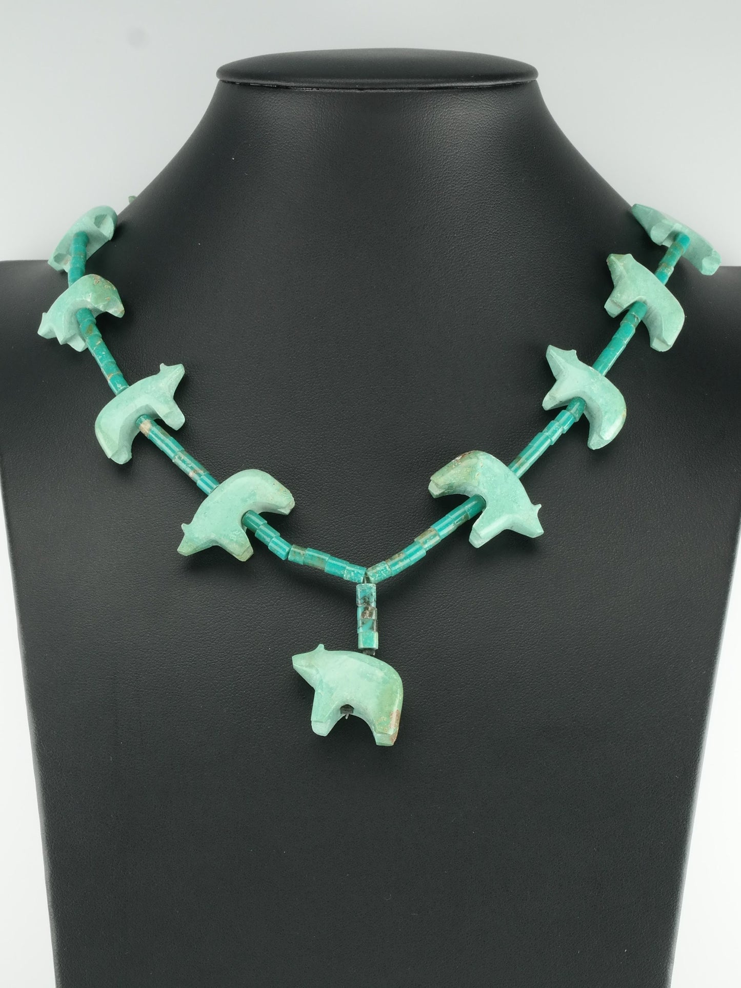 Native American Carved Turquoise Bear Heishi Fetish Necklace