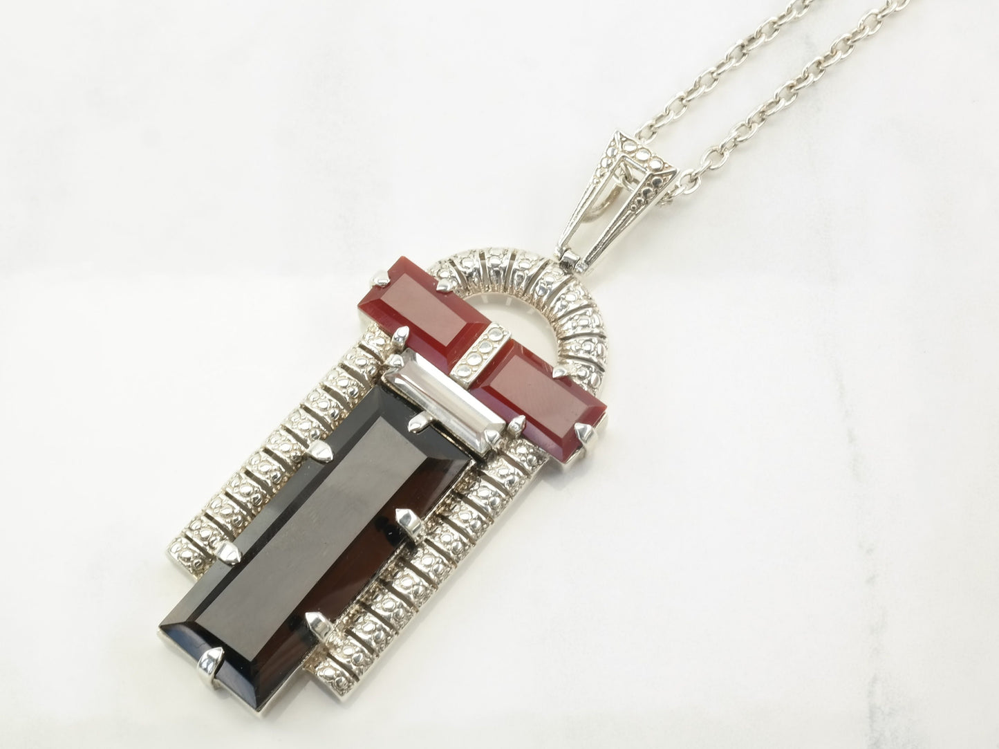 Vintage Nicky Buttler Art Deco Style Sterling Silver Smoky Quartz Carnelian Deco Arch Necklace