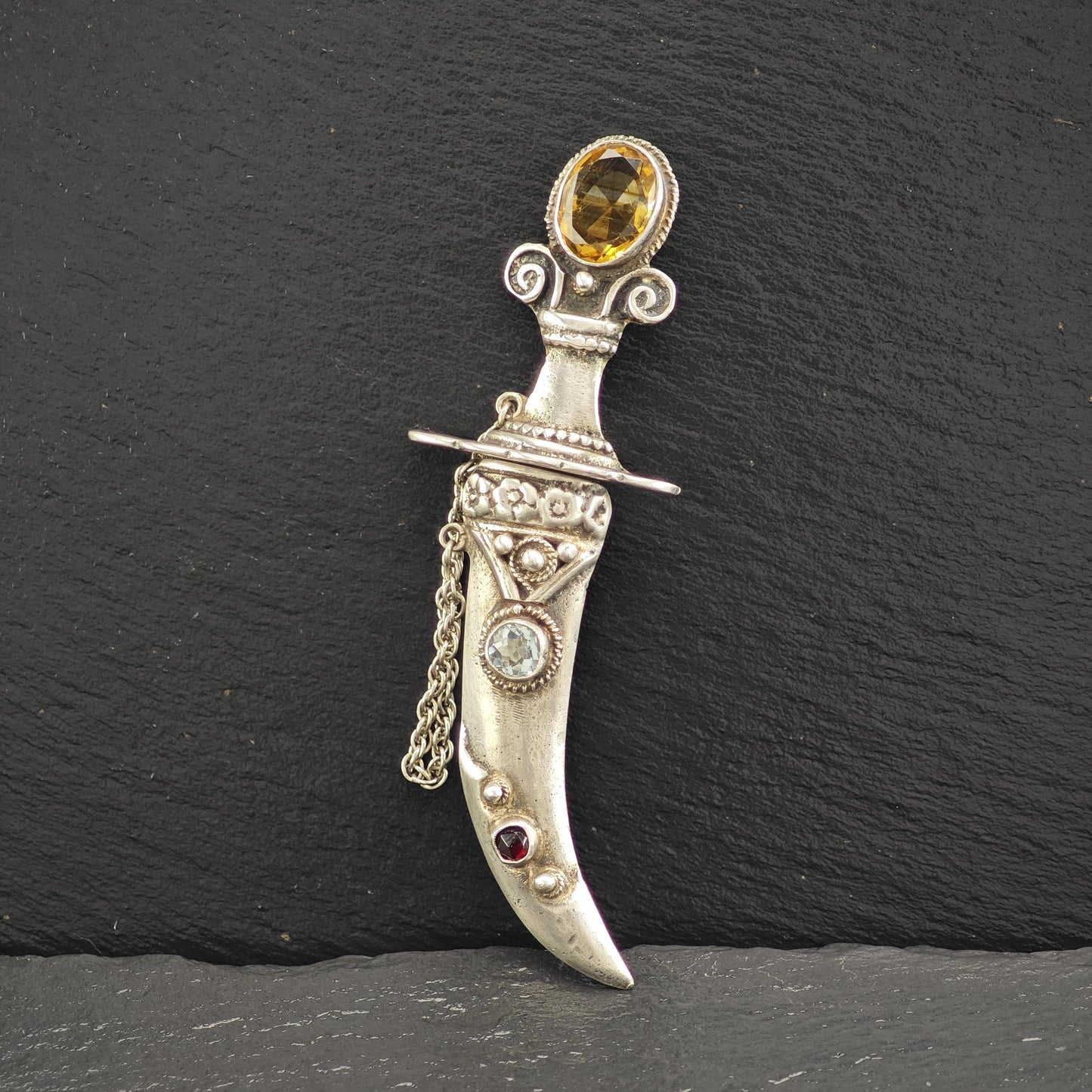 Handmade Sterling Silver Scimitar Brooch with Citrine Aquamarine Garnet Accents