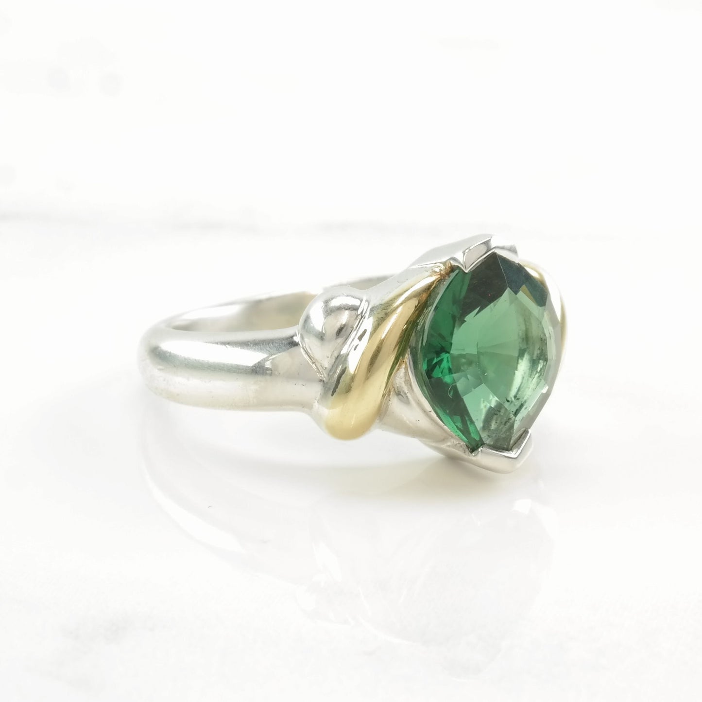 Vintage Sterling Silver Ring Green Gemstone 18K Gold Accent Size 6