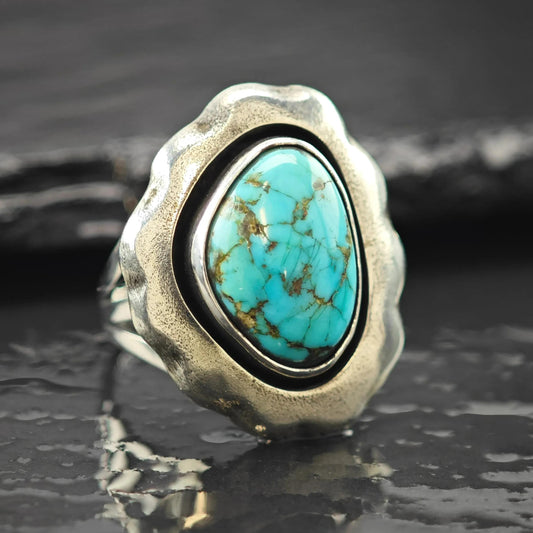 Native American Spiderweb Turquoise Shadowbox Ring Sterling Silver Size 5 3/4