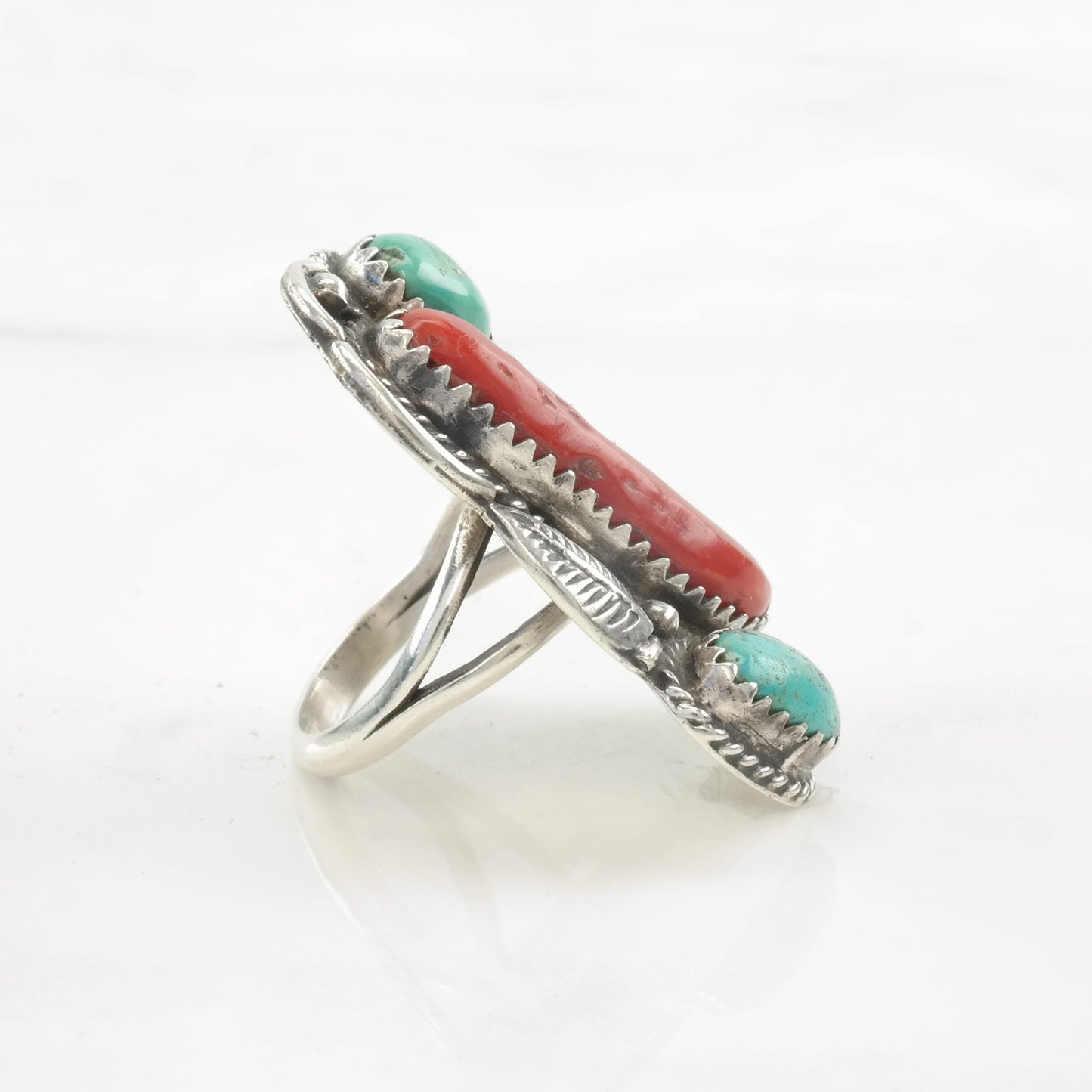 Native American Ring Coral, Turquoise Feather Sterling Silver Size 4