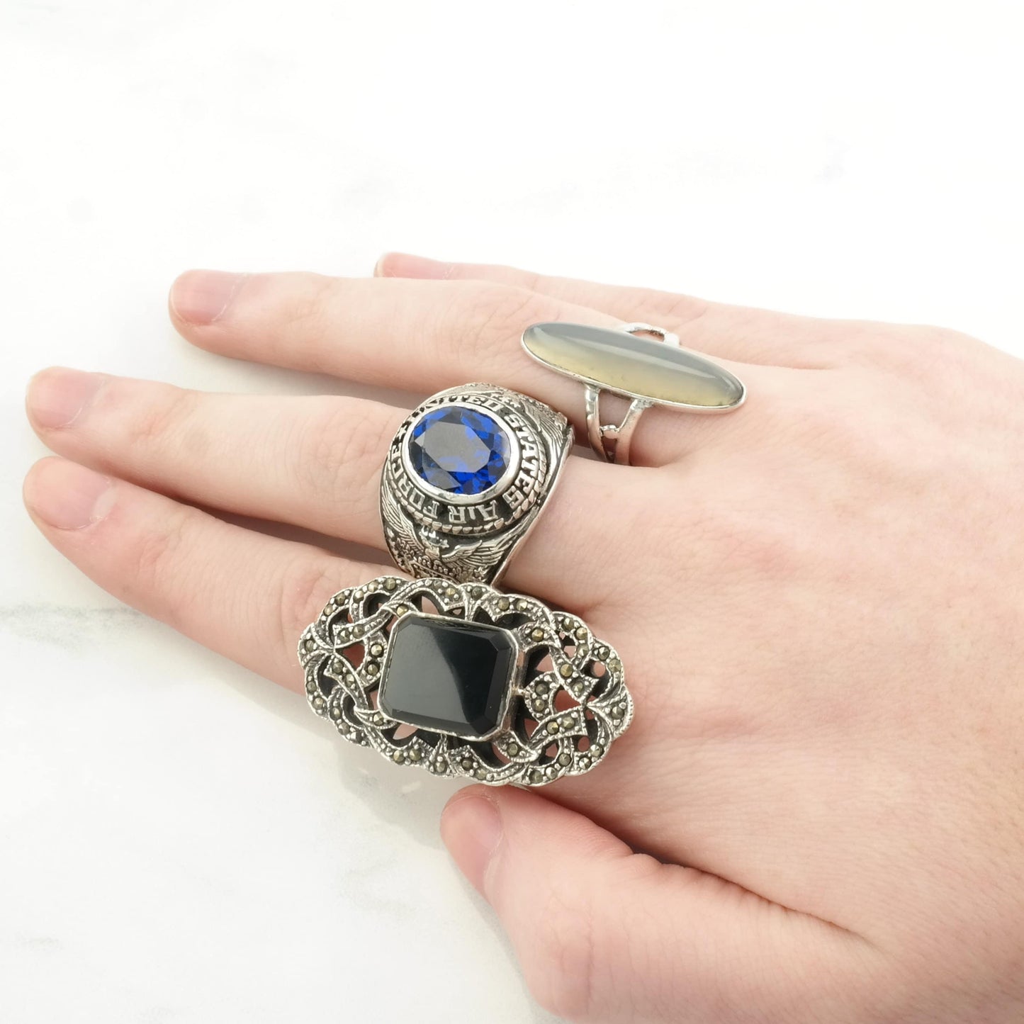 Art Deco Style Silver Ring Onyx, Marcasite Ornate Sterling Size 6 1/4