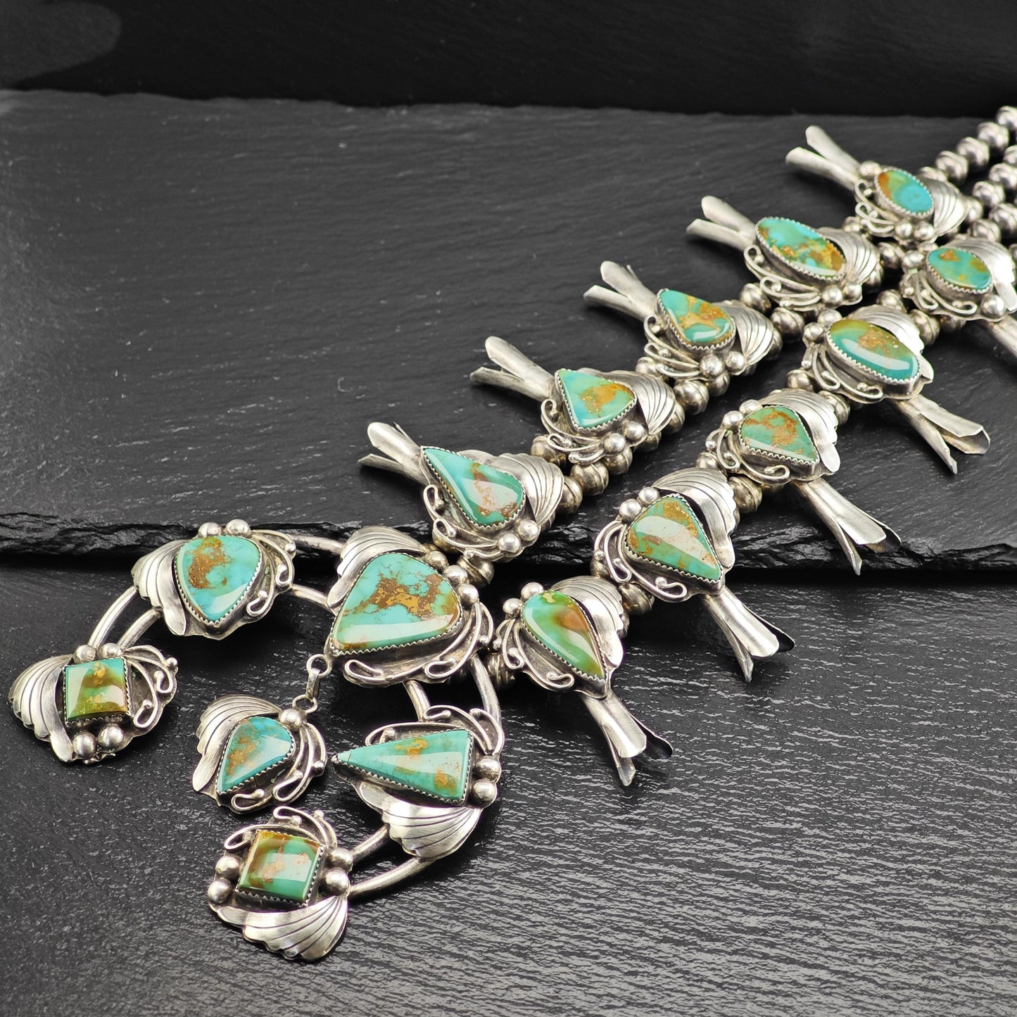 Native American Green Royston Turquoise Squash Blossom Necklace Sterling Silver