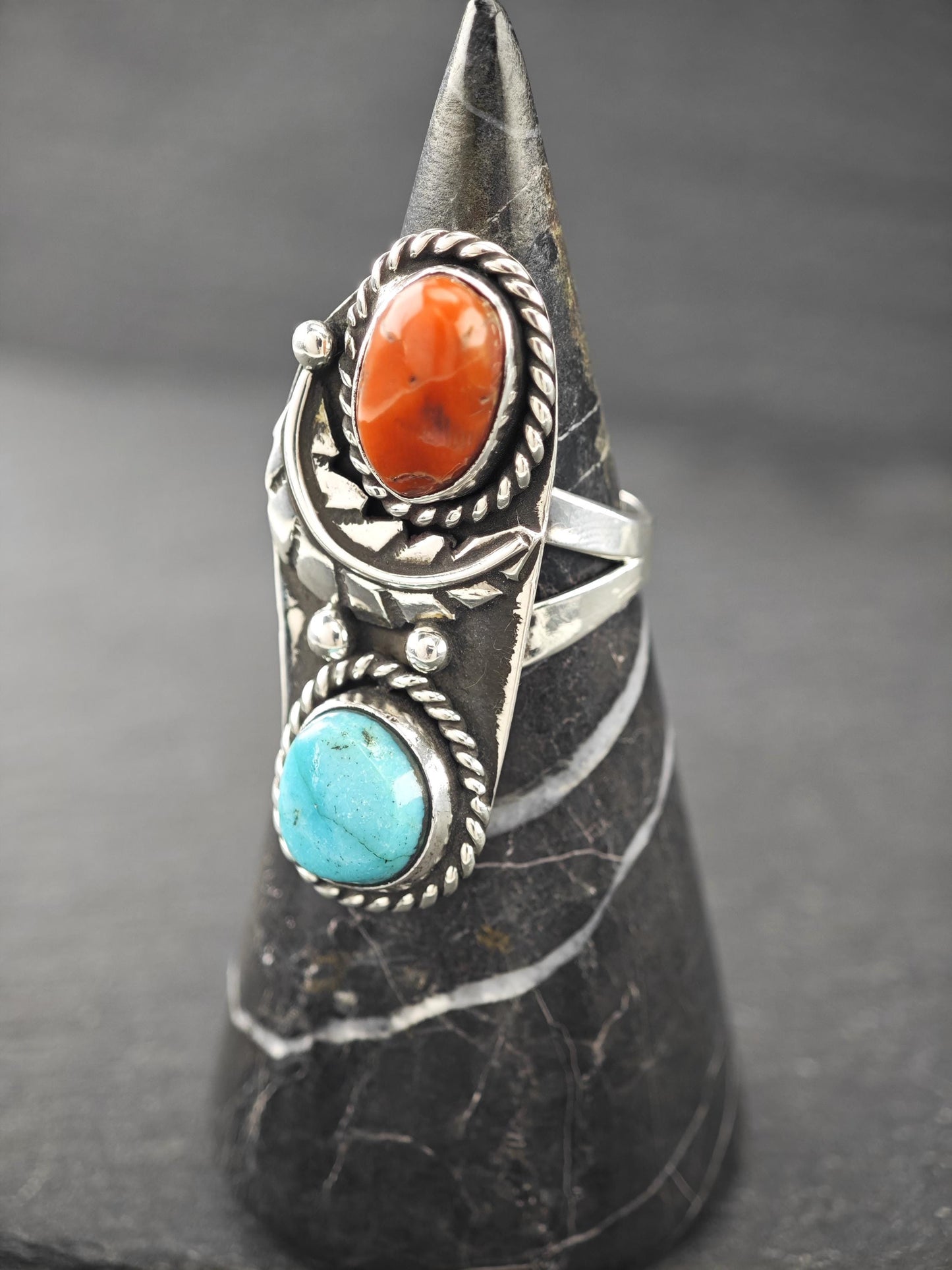 Southwest Coral, Turquoise Ring Sterling Silver