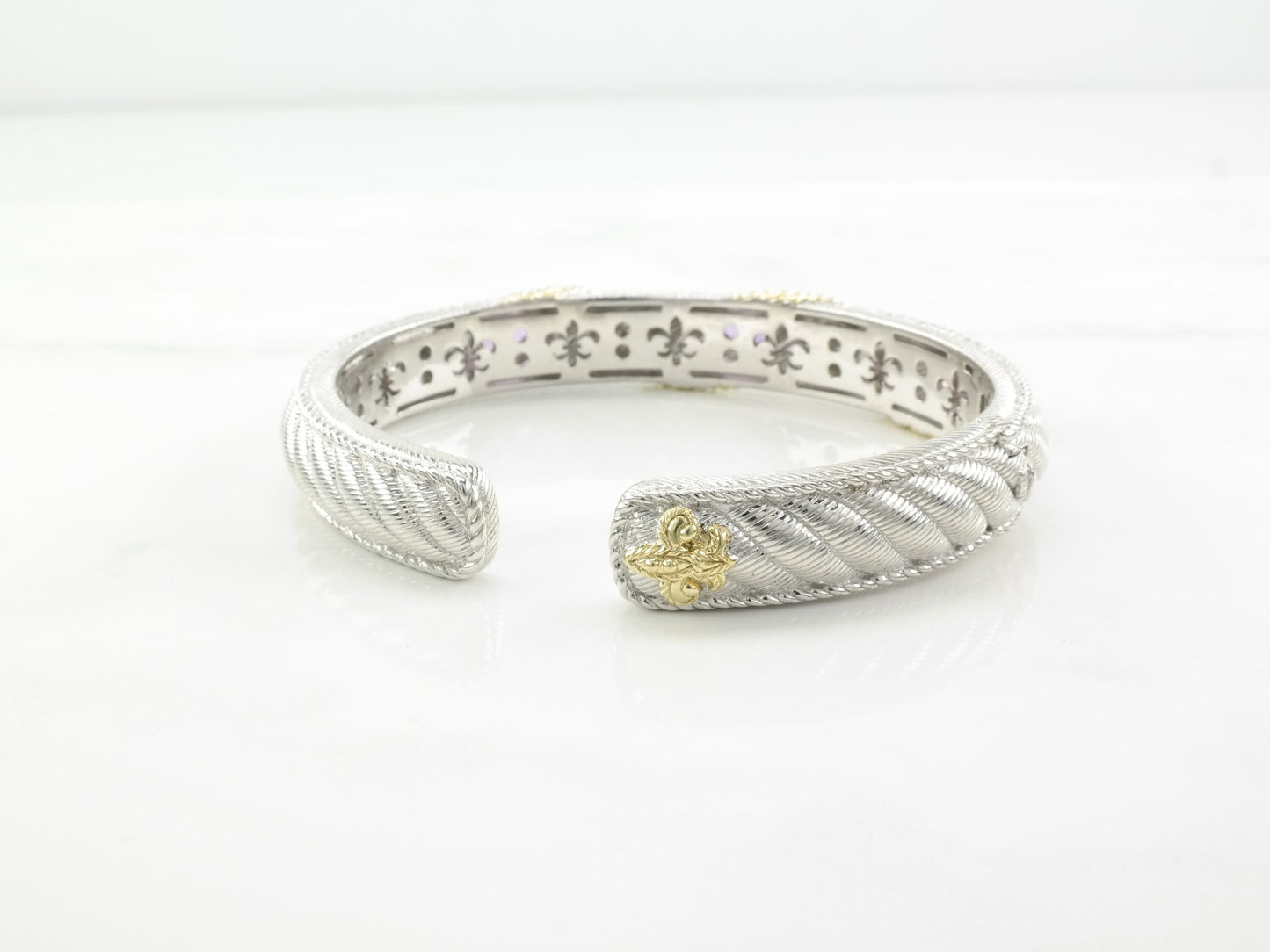 Judith Ripka Cuff Bracelet Amethyst CZ Gold Overlay Sterling Silver