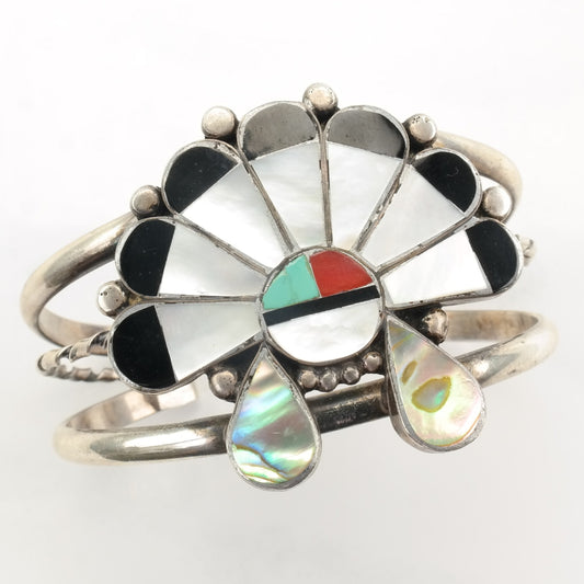 Native American Sterling Silver Gemstone Sun Inlay Cuff Bracelet