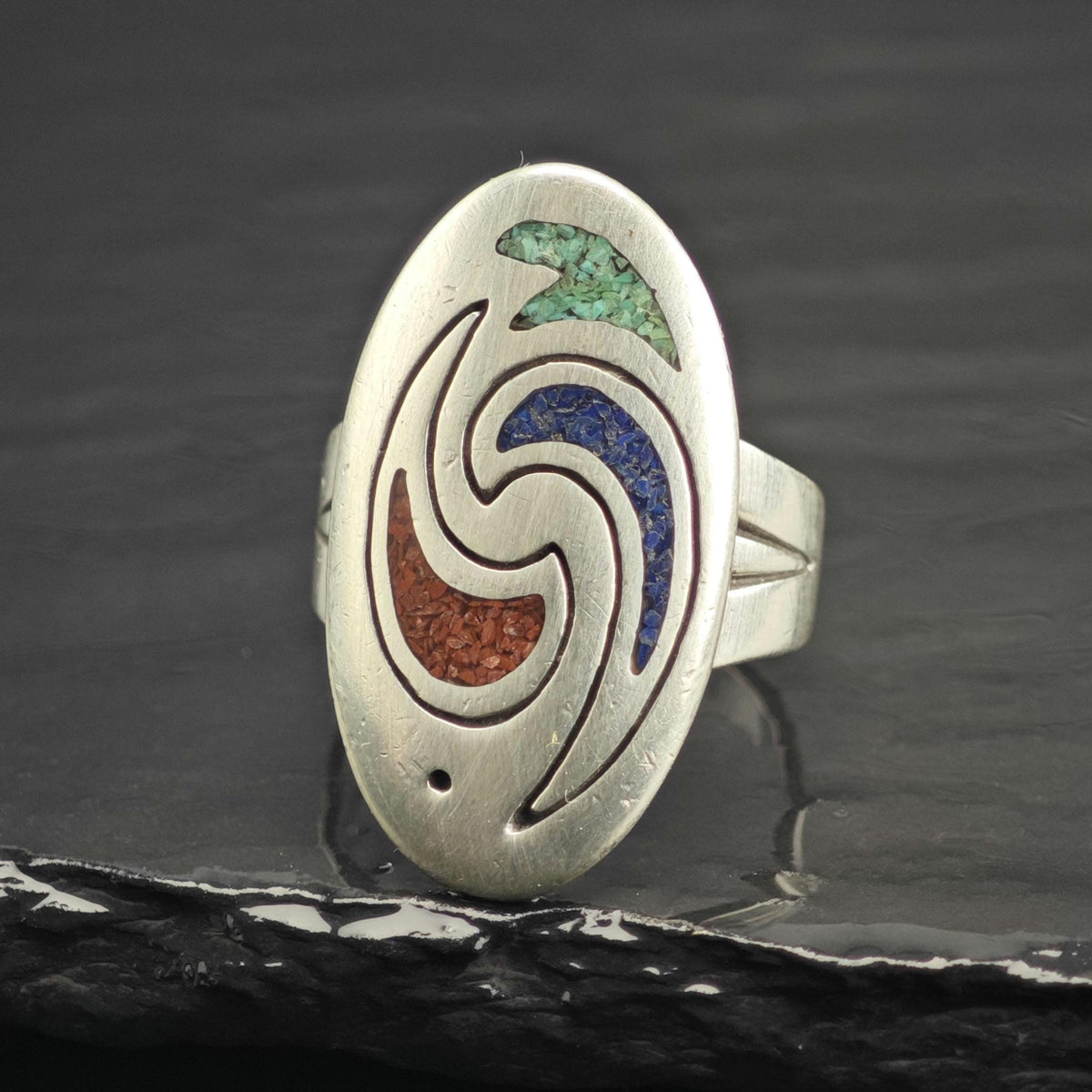 Carolyn Pollack Coral, Turquoise, Lapis Inlay Sterling Silver Ring Sz 7 3/4 R6756