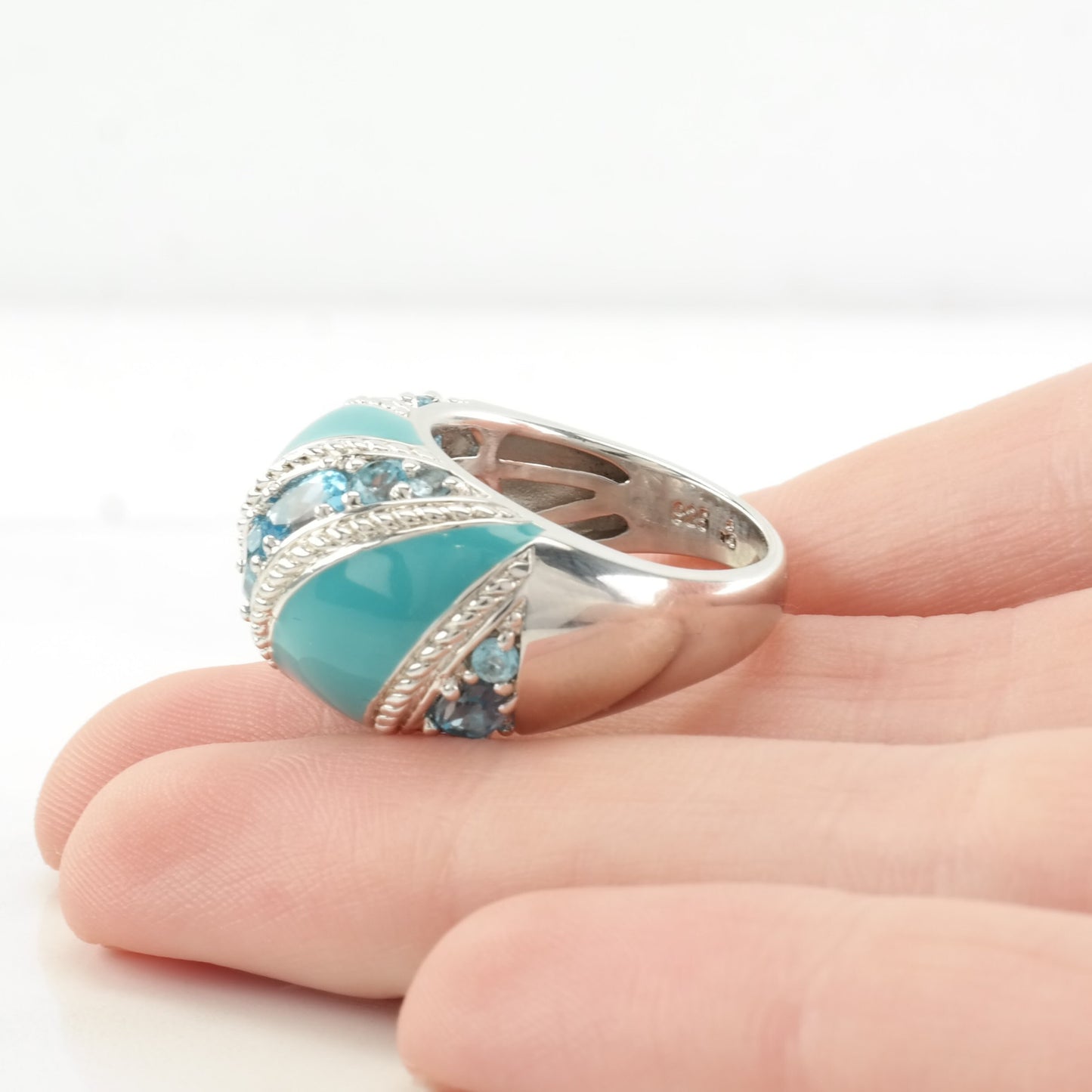 Sterling Silver Ring Topaz, Enamel Blue Size 5