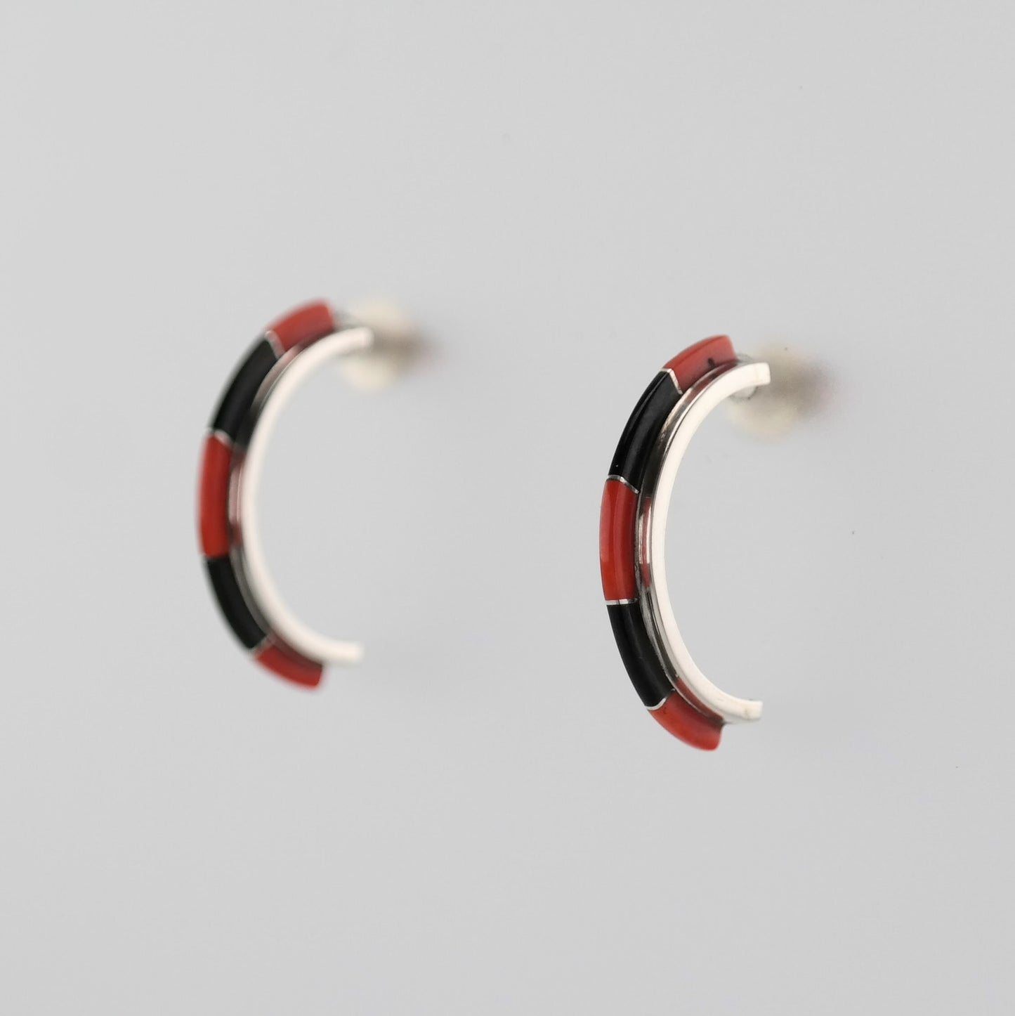 Southwest Sterling Silver Coral, Jet Inlay Earrings Stud/Hoop