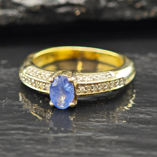 Natural Blue Sapphire 14K Gold Plated Ring Sterling Silver Sz 5 R6163