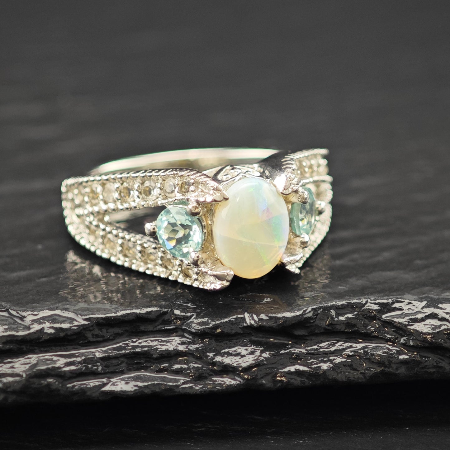 Opal Silver Statement Ring with Blue Gems Size 7 R6143