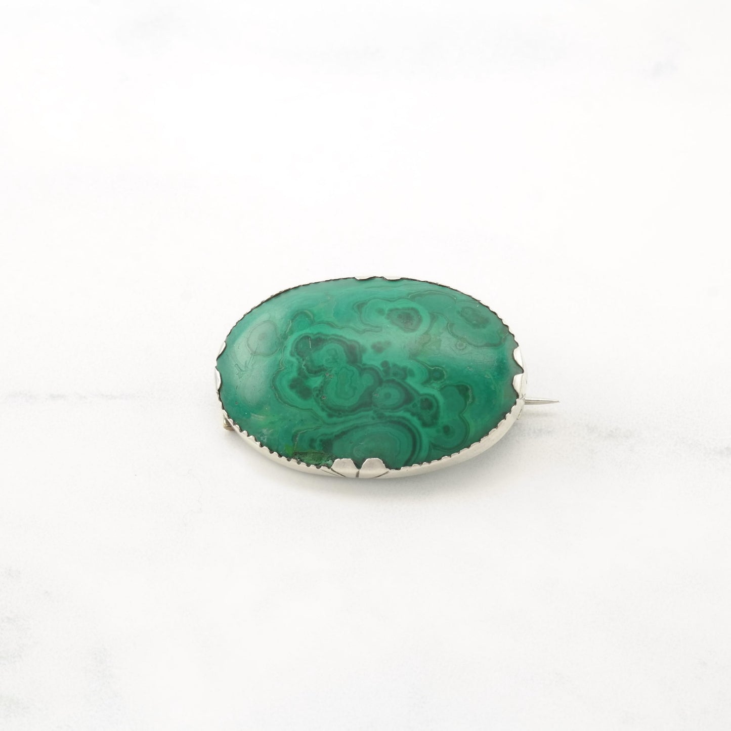 Art Deco Natural Malachite Sterling Silver Brooch