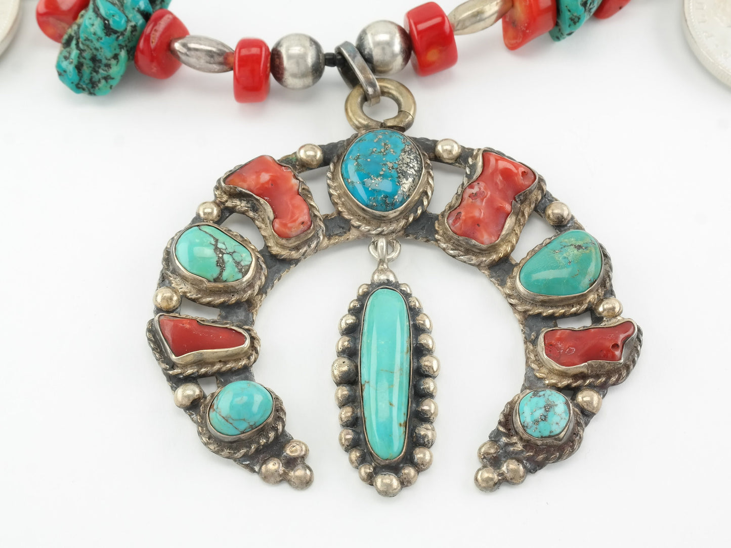 Iron Wolf Thompson Sterling Silver Turquoise, Coral, Morgan Dollars Squash Blossom Necklace