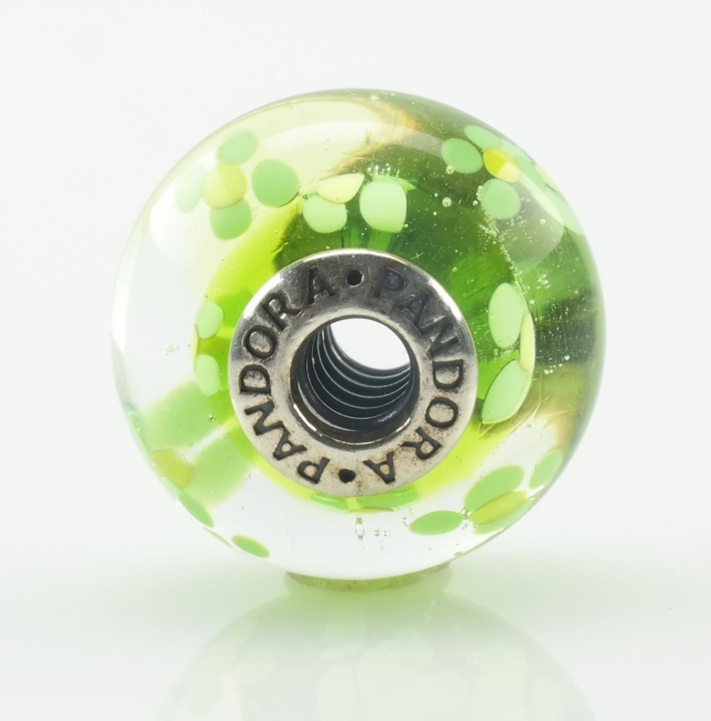 Vintage Pandora Extra Large Murano Glass Daisy Sterling Silver Pendant Green Charm