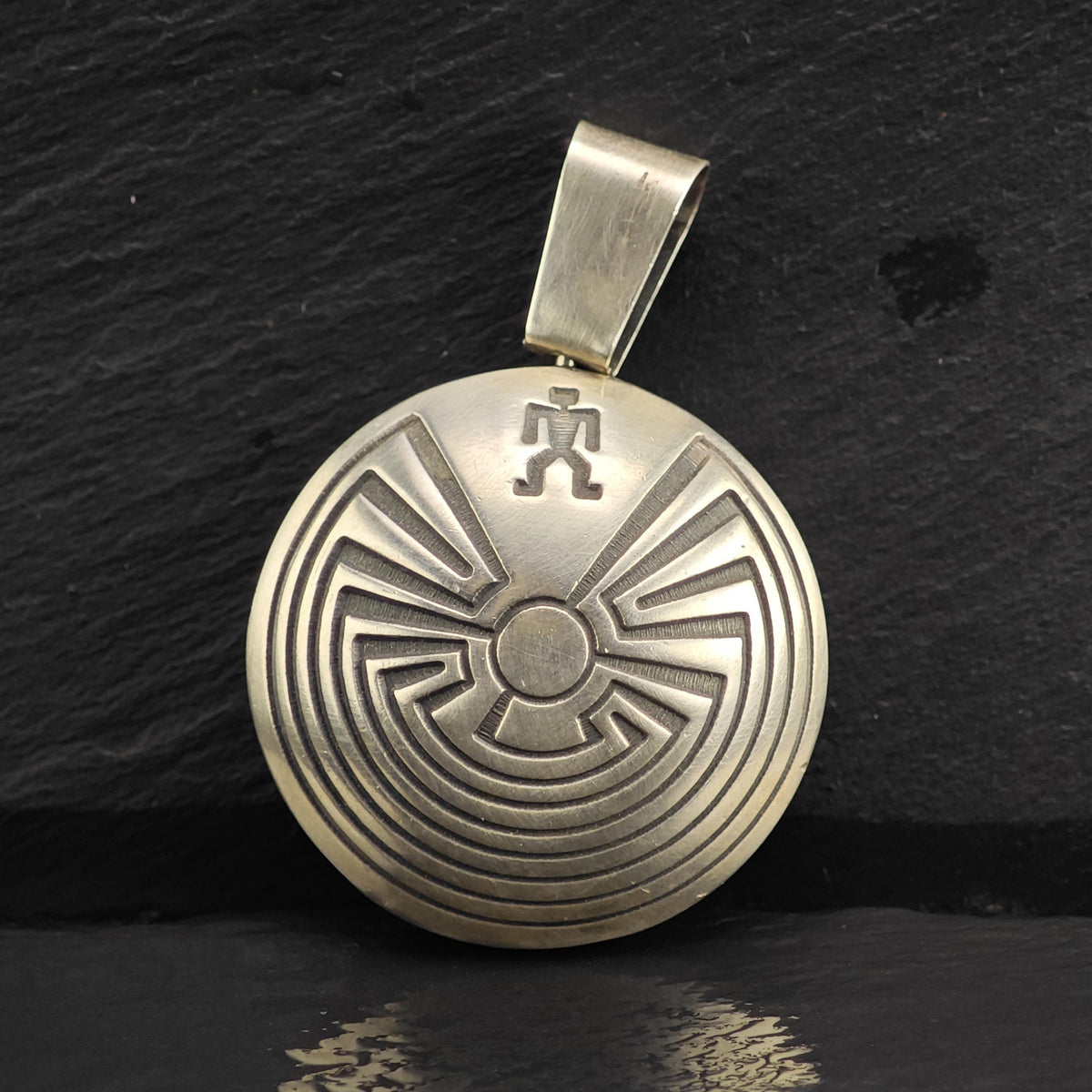 Hopi Overlay Tapuat Overlay Round Sterling Silver Pendant P3136
