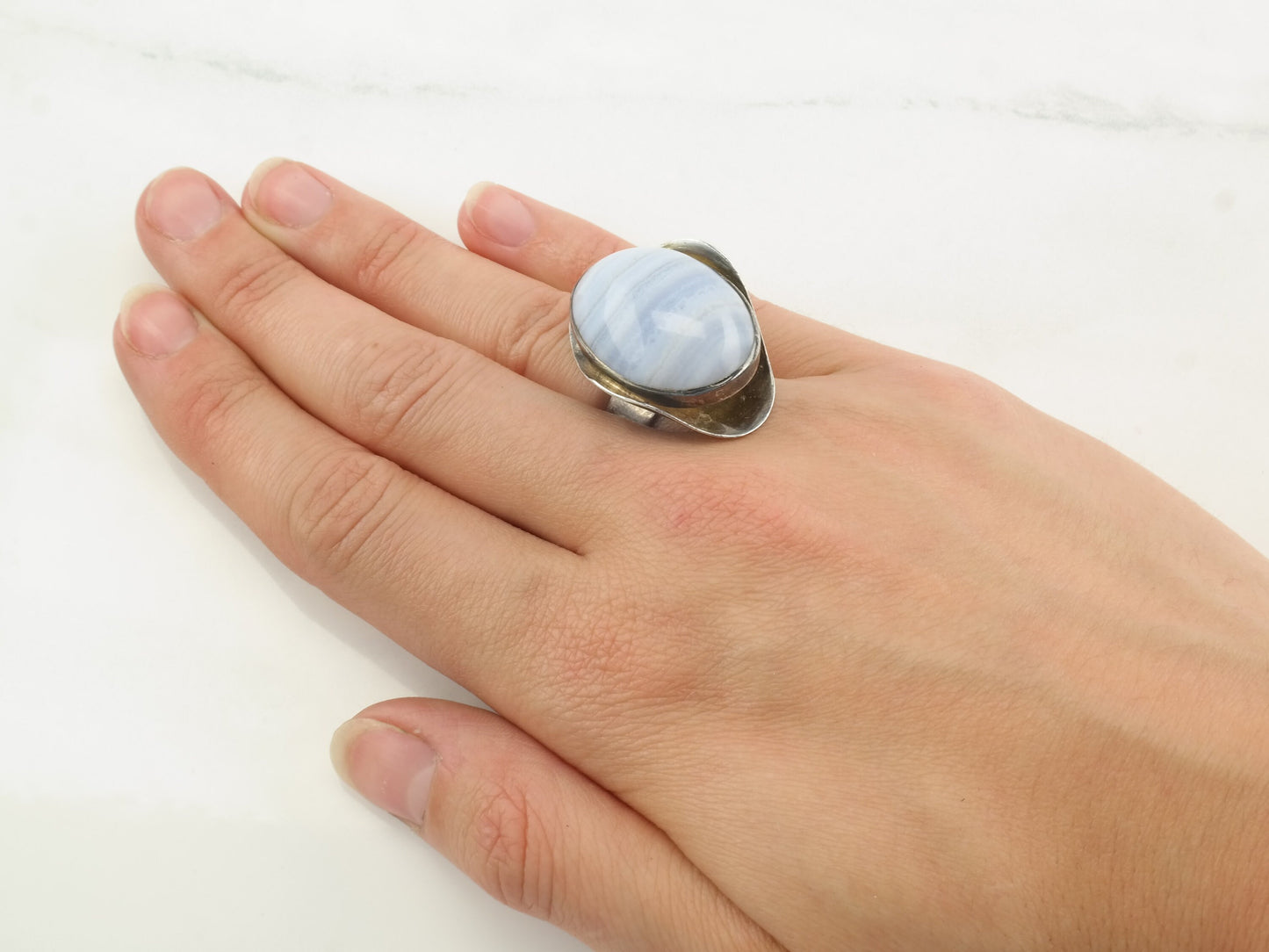 Modernist Silver Ring Blue Lace Agate Modernist Sterling Size 5