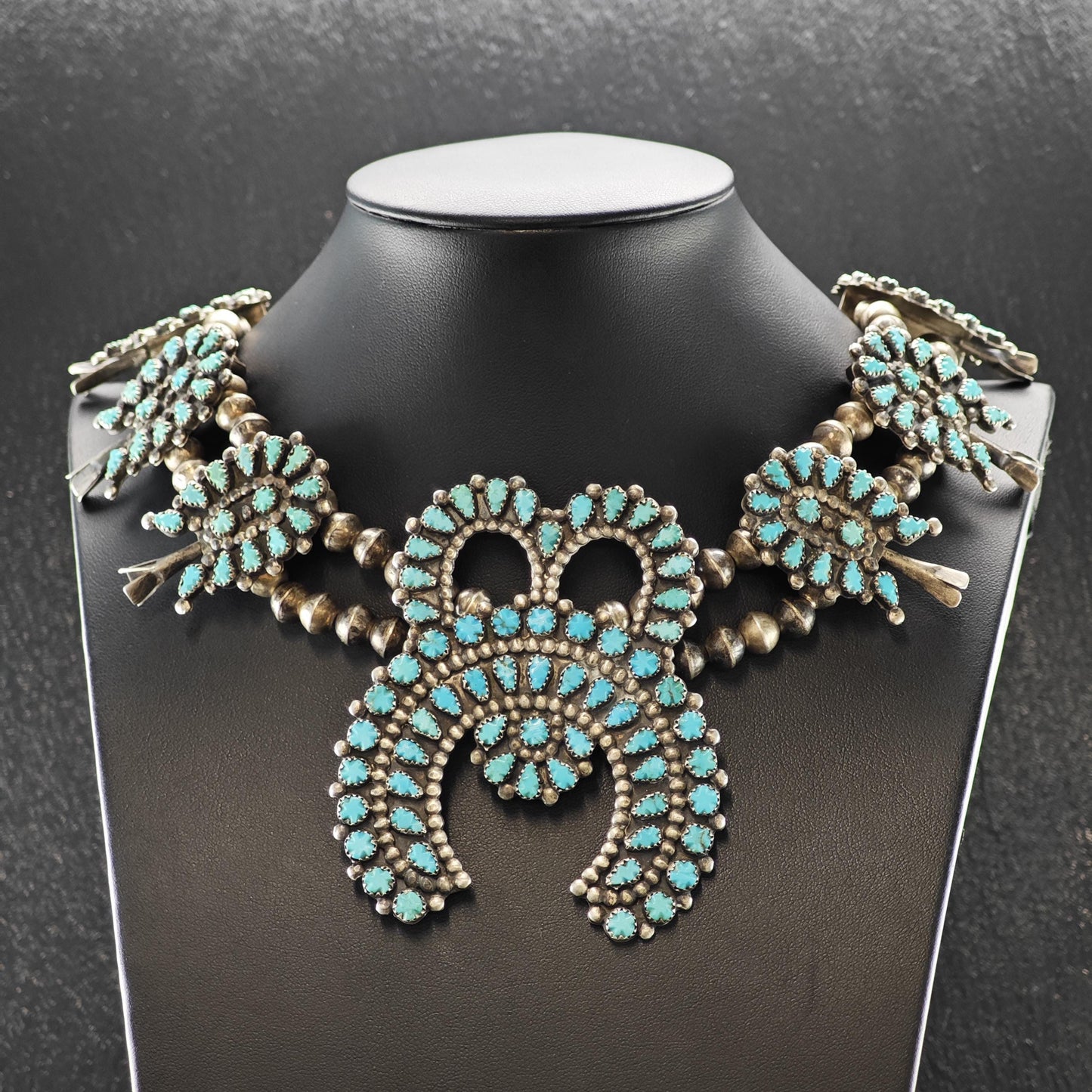 Zuni Carved Turquoise Cluster Squash Blossom Necklace Sterling Silver 30 1/2" N2668