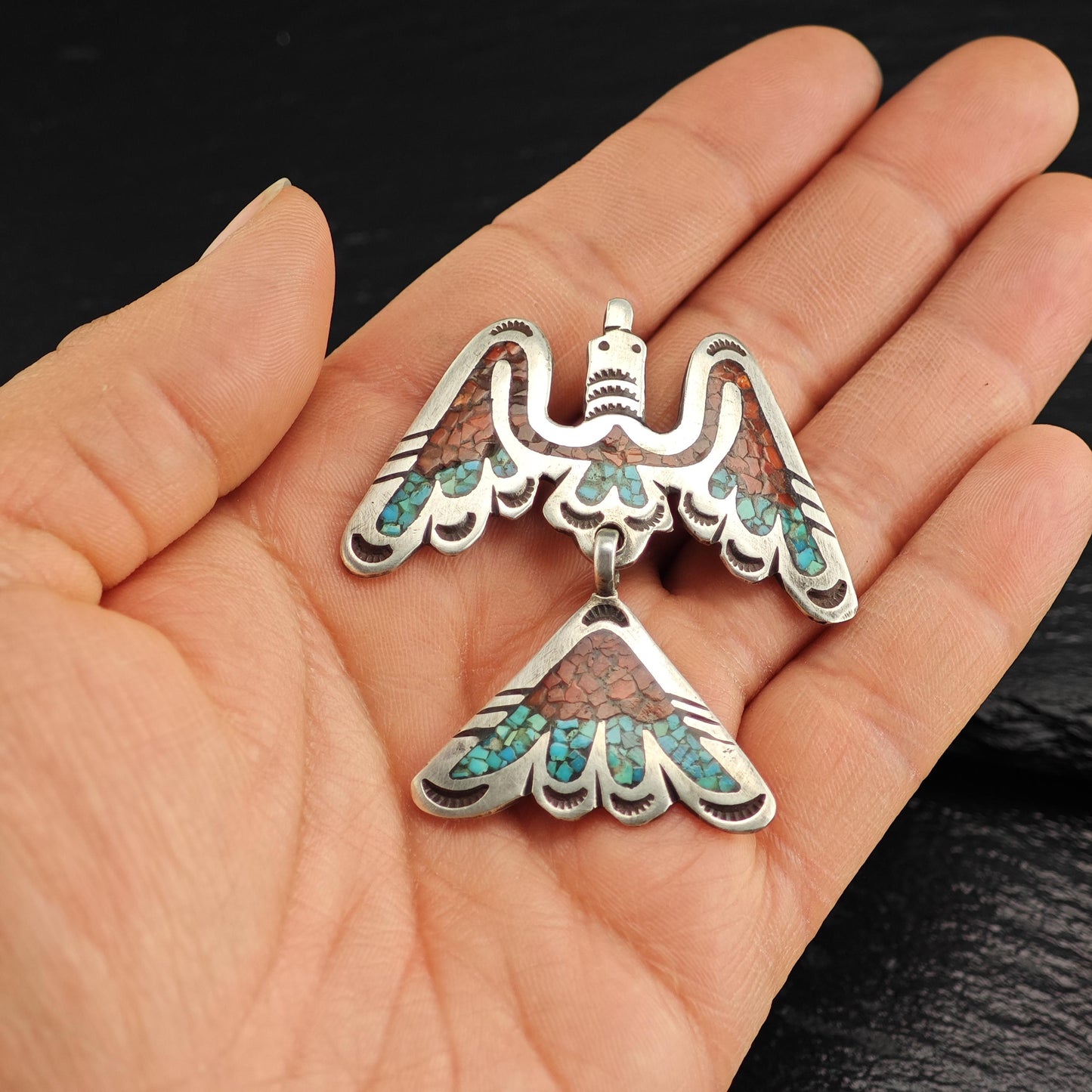 Native American Coral, Turquoise Inlay Thunderbird Pendant/Brooch, Sterling Silver P3020