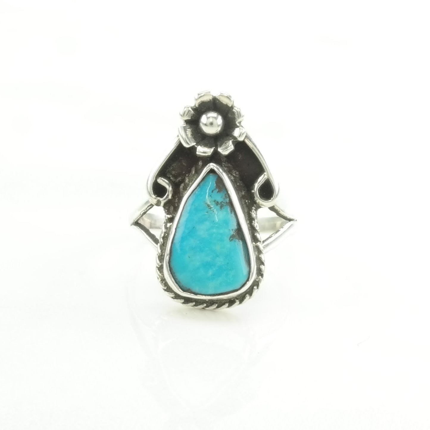 Sterling Silver Ring Turquoise Floral Blue Size 5 3/4