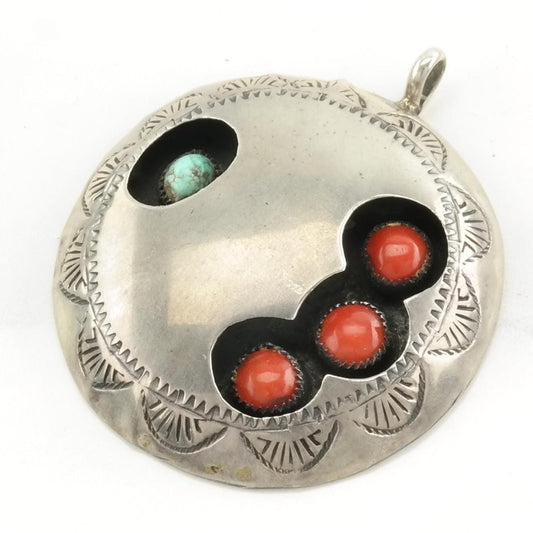 Vintage Native American Turquoise, Coral Shadowbox Sterling Silver Pendant