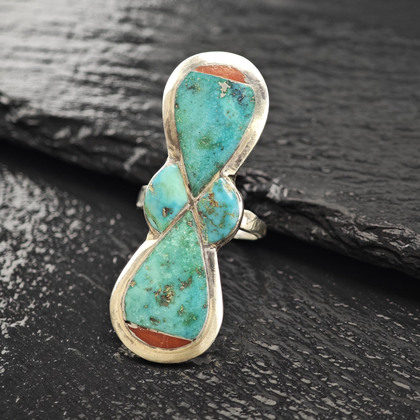 Large Turquoise, Coral Inlay Ring Sterling Silver Sz 8 R5934