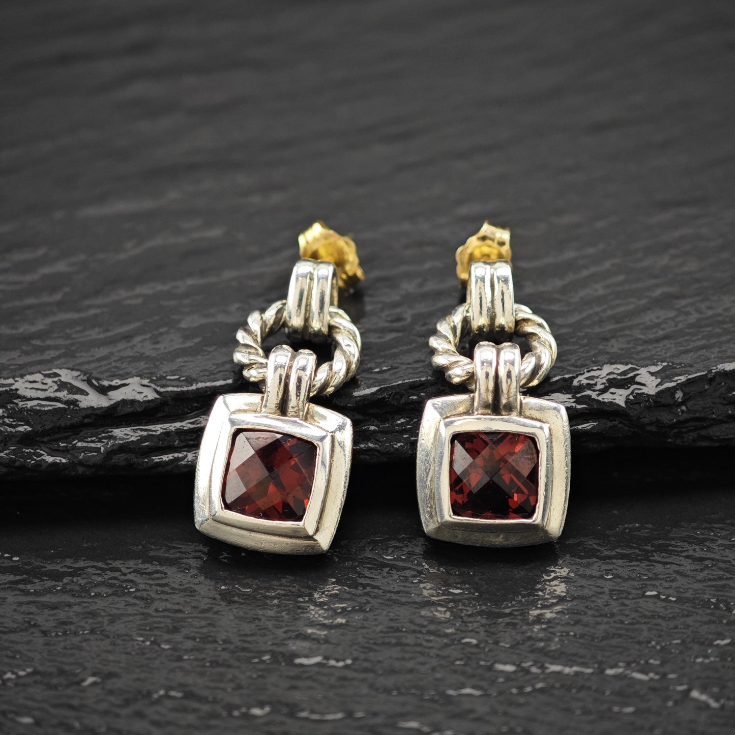 Vintage David Yurman Red Garnet, Two-tone, 10k & 14K Gold Post Sterling Silver Stud/Dangle Earrings