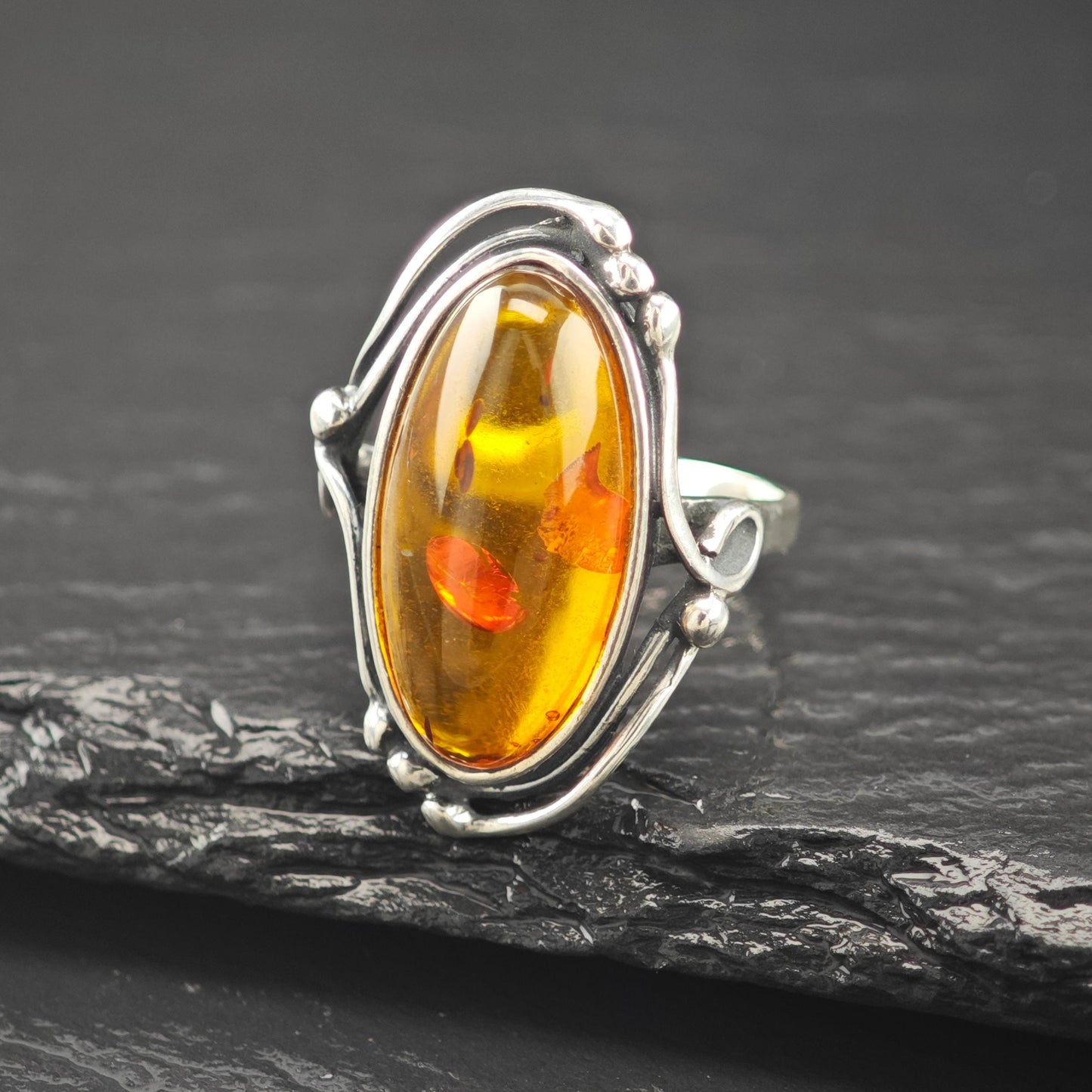 Natural Amber Oval Ring Sterling Silver