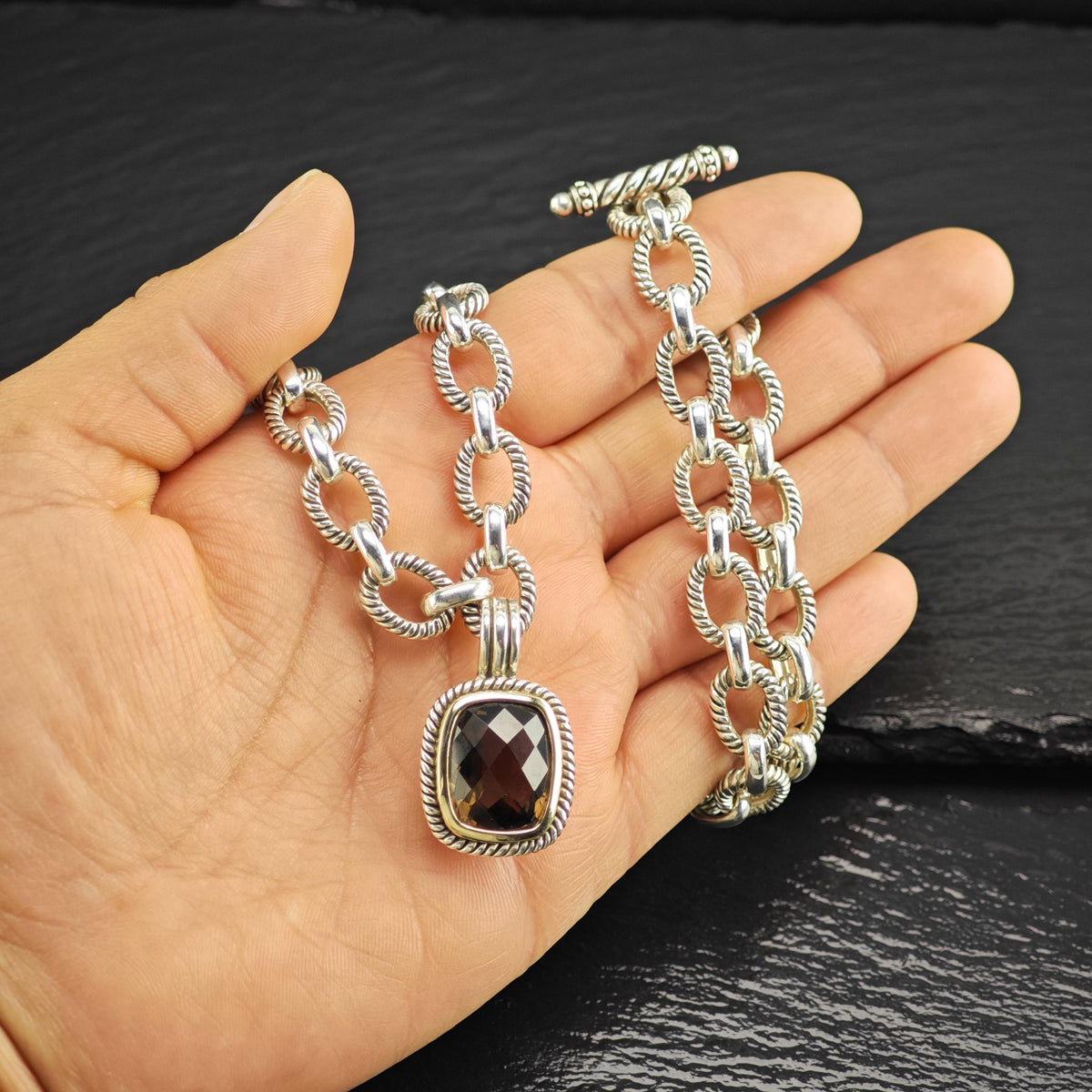 Vintage Michelle Albala Smoky Quartz Gold Bezel Sterling Silver Necklace N2783