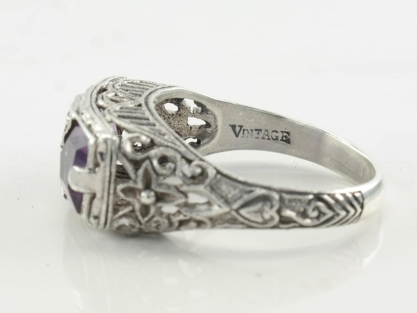 Sterling Silver Ring Double Amethyst, Gemstone, Floral, Filigree Size 6 3/4