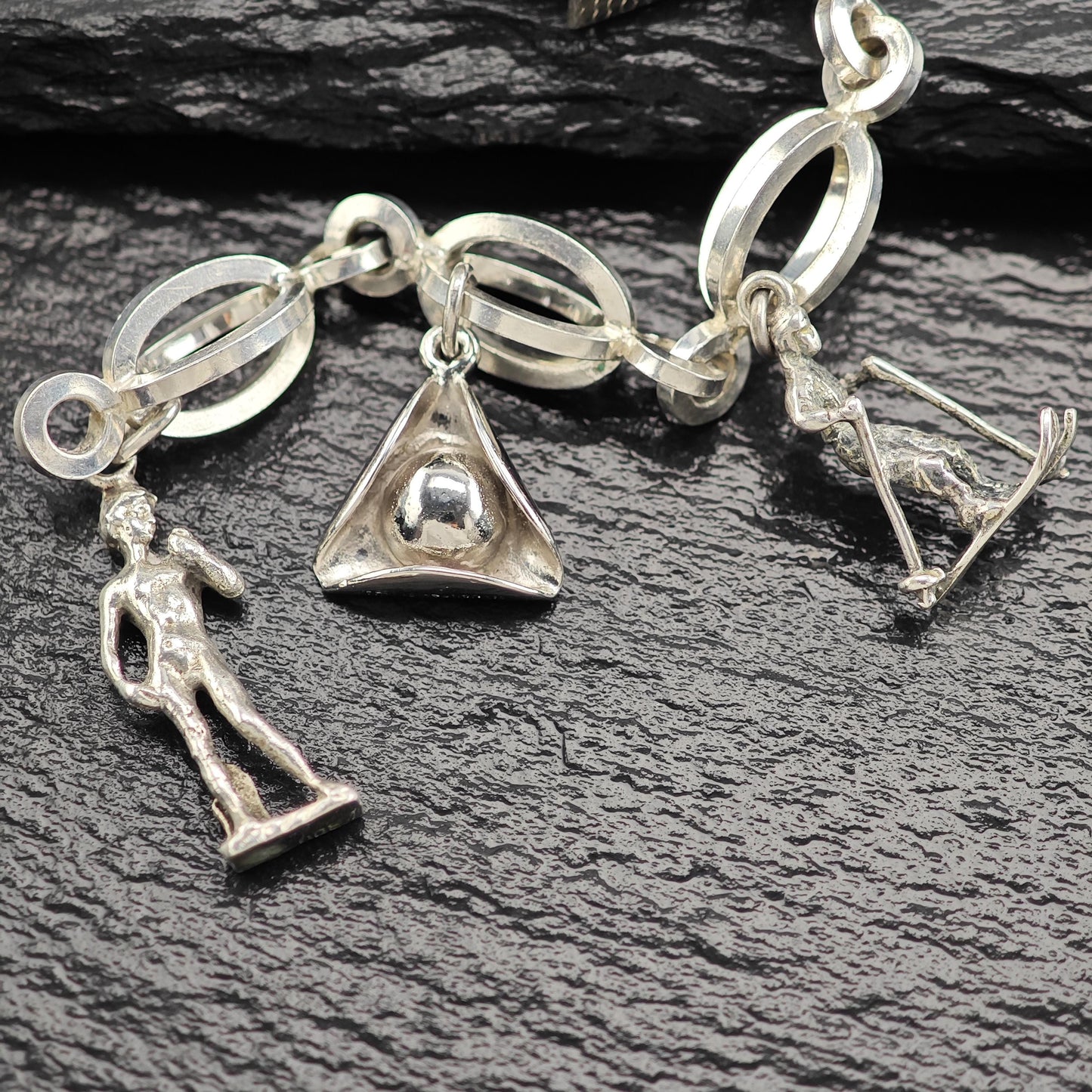 1950's 10 Charm Bracelet 1 Pewter, Enamel, Skier Sterling Silver