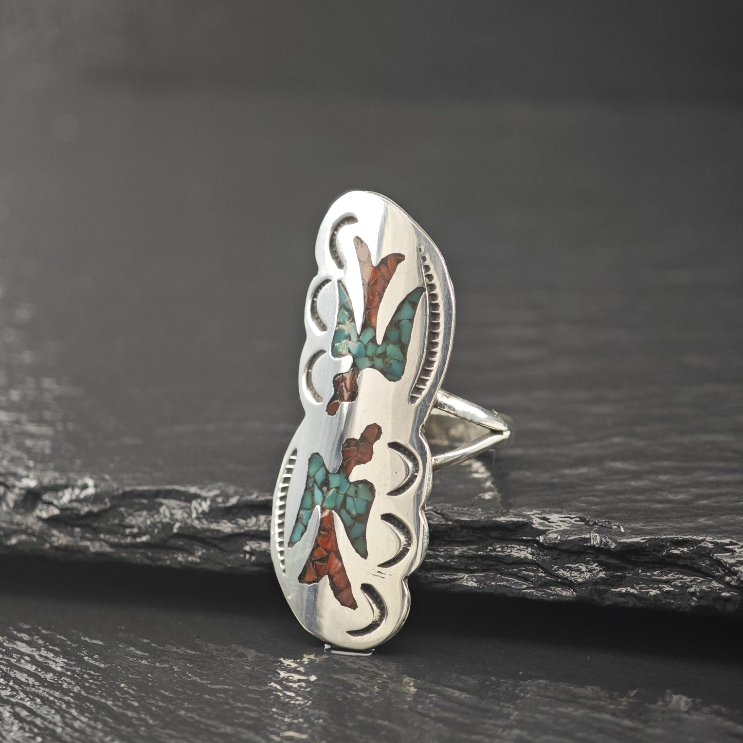 Native American Turquoise Coral Inlay Ring Sterling Silver