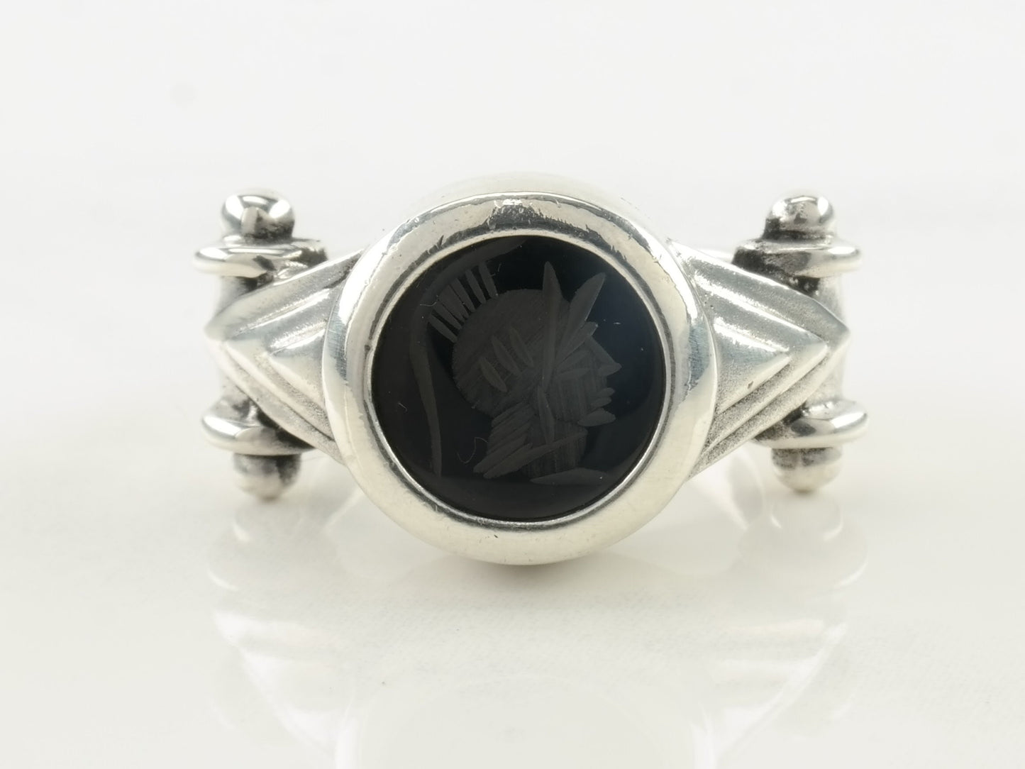 Sterling Silver Ring Onyx Intaglio Roman Soldier Black Size 4 1/4