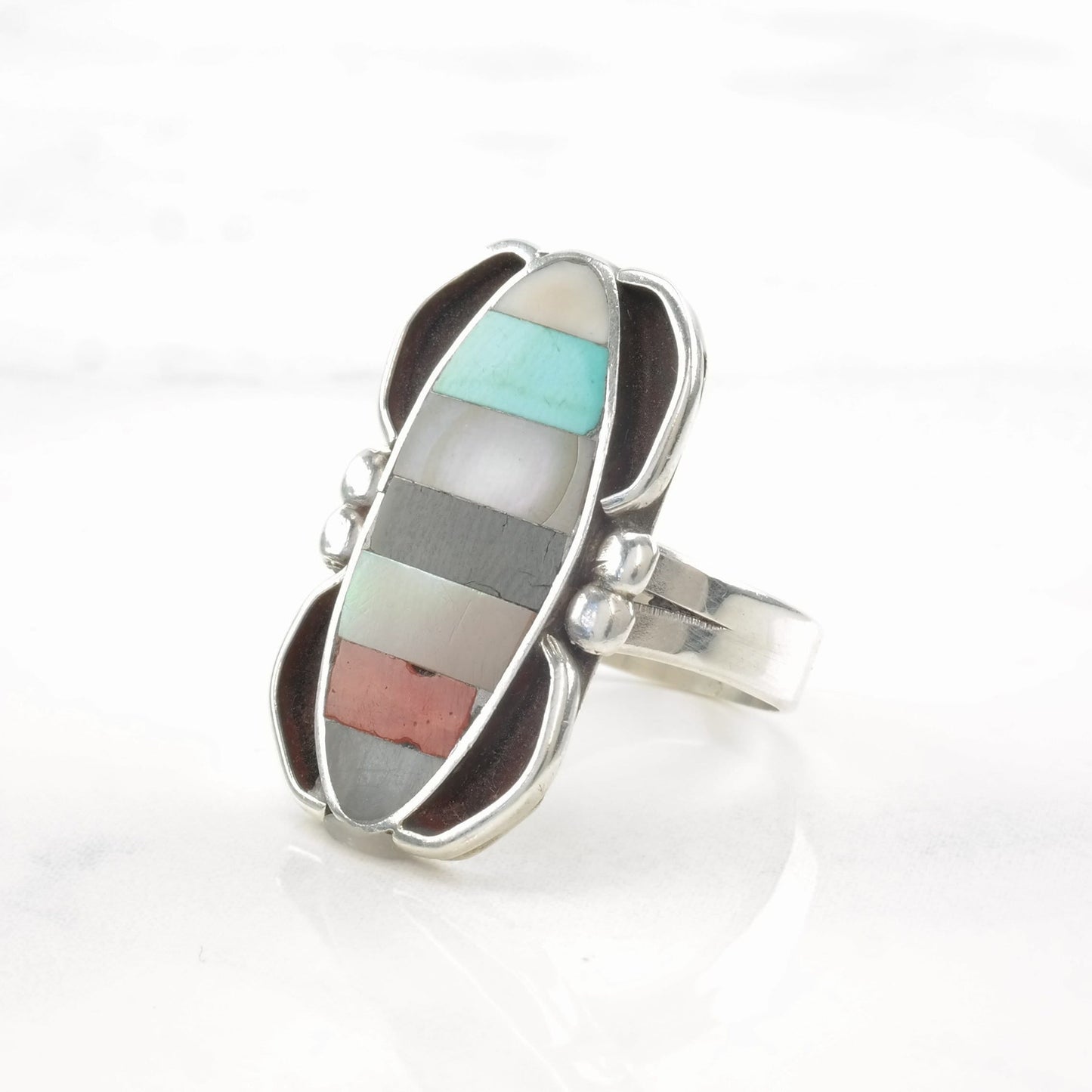 Native American Sterling Silver Ring MOP, Multi Gem Inlay Size 5 3/4